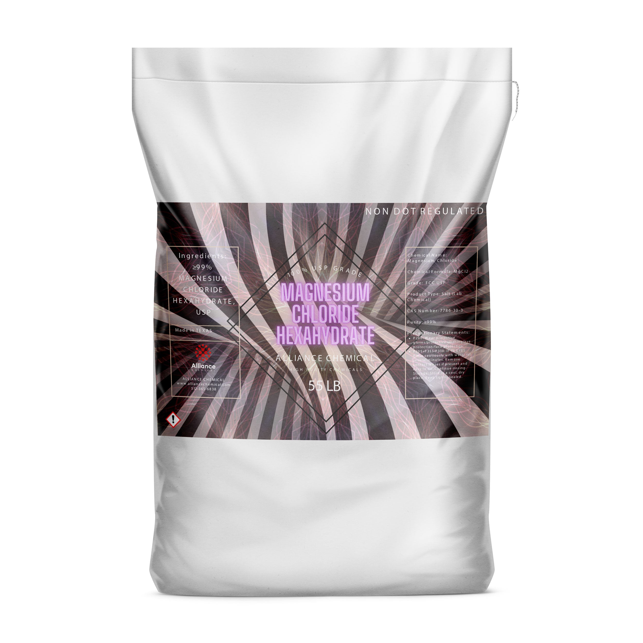 55lb bag of Magnesium Chloride Hexahydrate USP/FCC grade by Alliance Chemicals, featuring hazard warning symbol, in white industrial packaging with black/purple label.