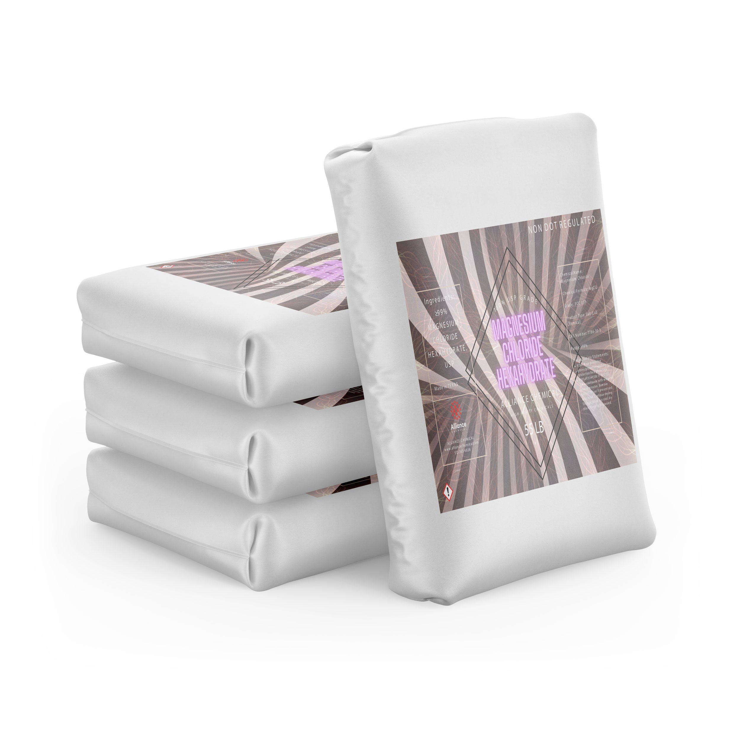 55lb bags of Magnesium Chloride Hexahydrate USP/FCC grade, stacked in white moisture-resistant packaging with diamond hazard label, non-bulk regulated.