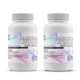 Two plastic bottles of Alliance Chemical Magnesium Hydroxide ACS Grade with white screw cap and product label.