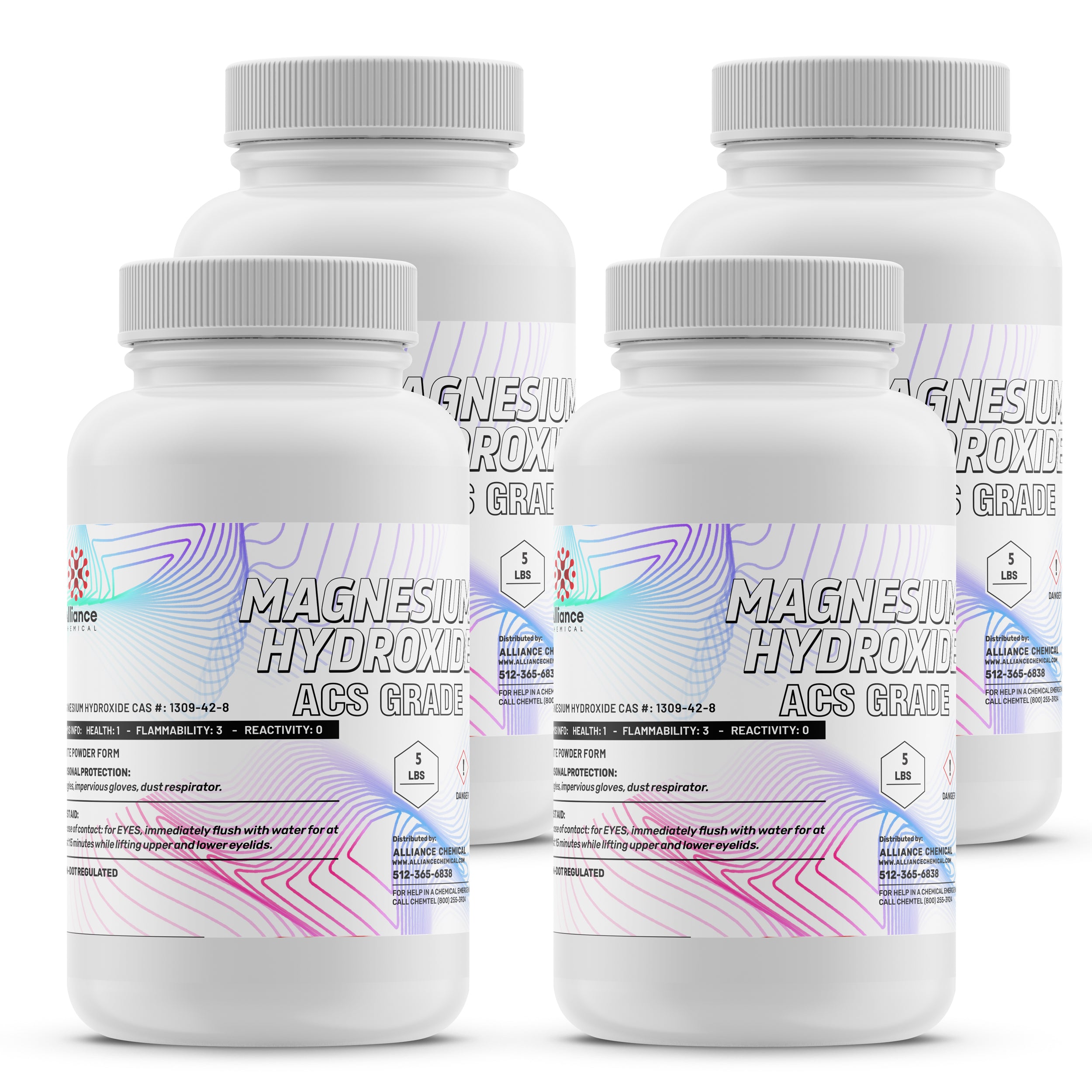 5 lb ACS-grade Magnesium Hydroxide powder in white HDPE bottles, 4-pack with safety labeling, CAS #1309-42-8, Health:1 Flammability:3 Reactivity:0 warning indicators.