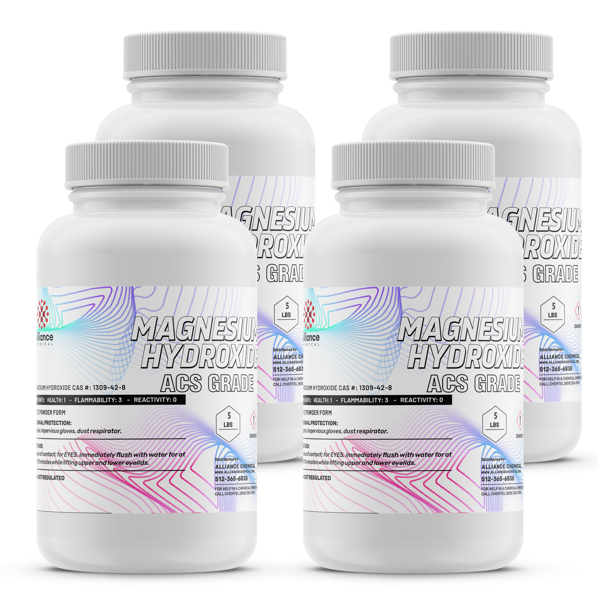 Four 5-lbs bottles of Alliance Chemical Magnesium Hydroxide ACS Grade with white plastic containers and ribbed screw-top l...