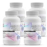 Four 5-lbs bottles of Alliance Chemical Magnesium Hydroxide ACS Grade with white plastic containers and ribbed screw-top l...