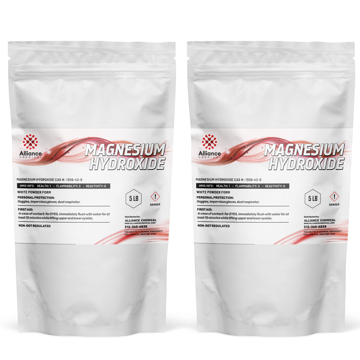Two 5-lb bags of Alliance Chemical Magnesium Hydroxide Technical Grade with labels and sealed tops.