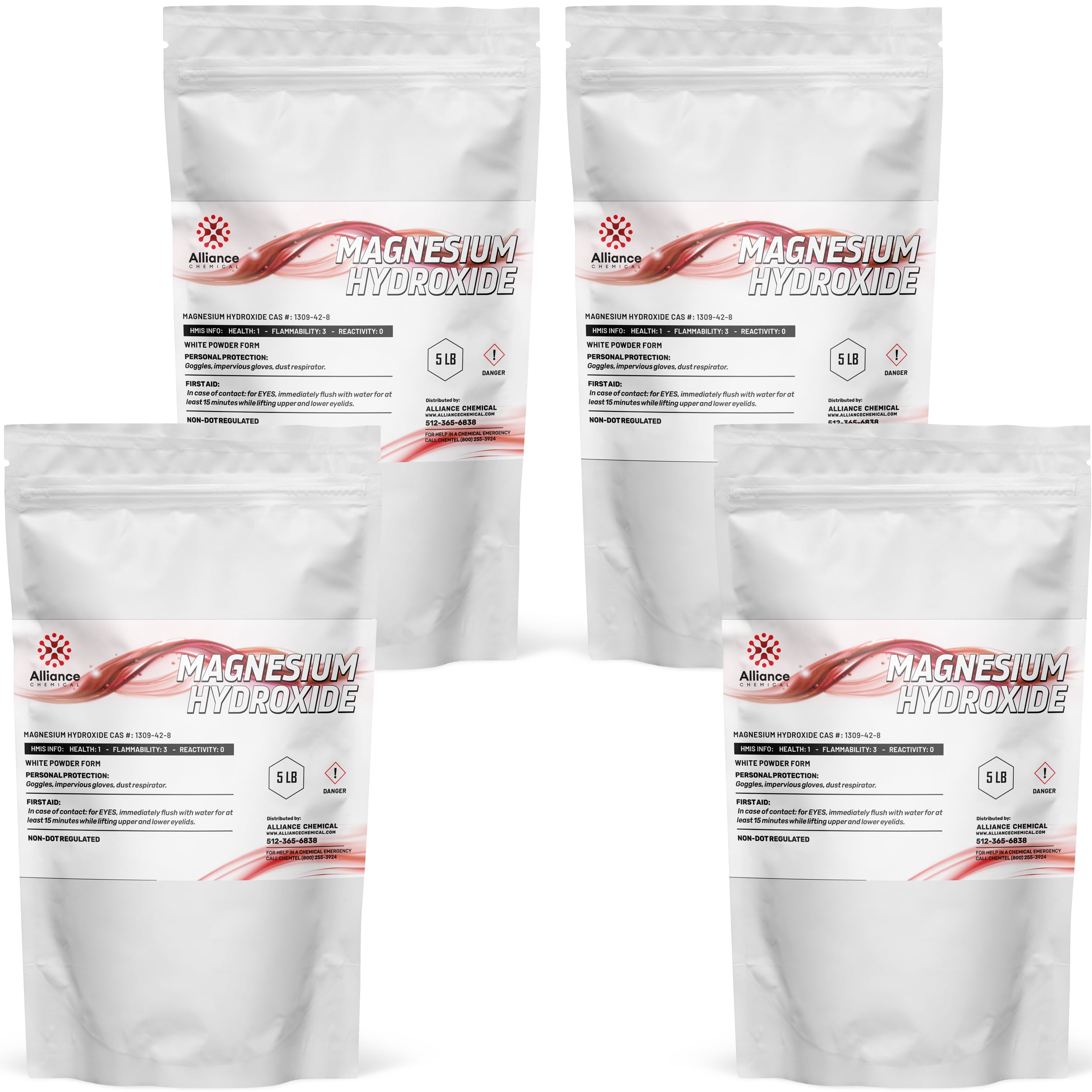 5 lb bags (4-pack) of Magnesium Hydroxide white powder, CAS #1309-42-8, Alliance Chemical technical grade, with danger symbol and PPE requirements.