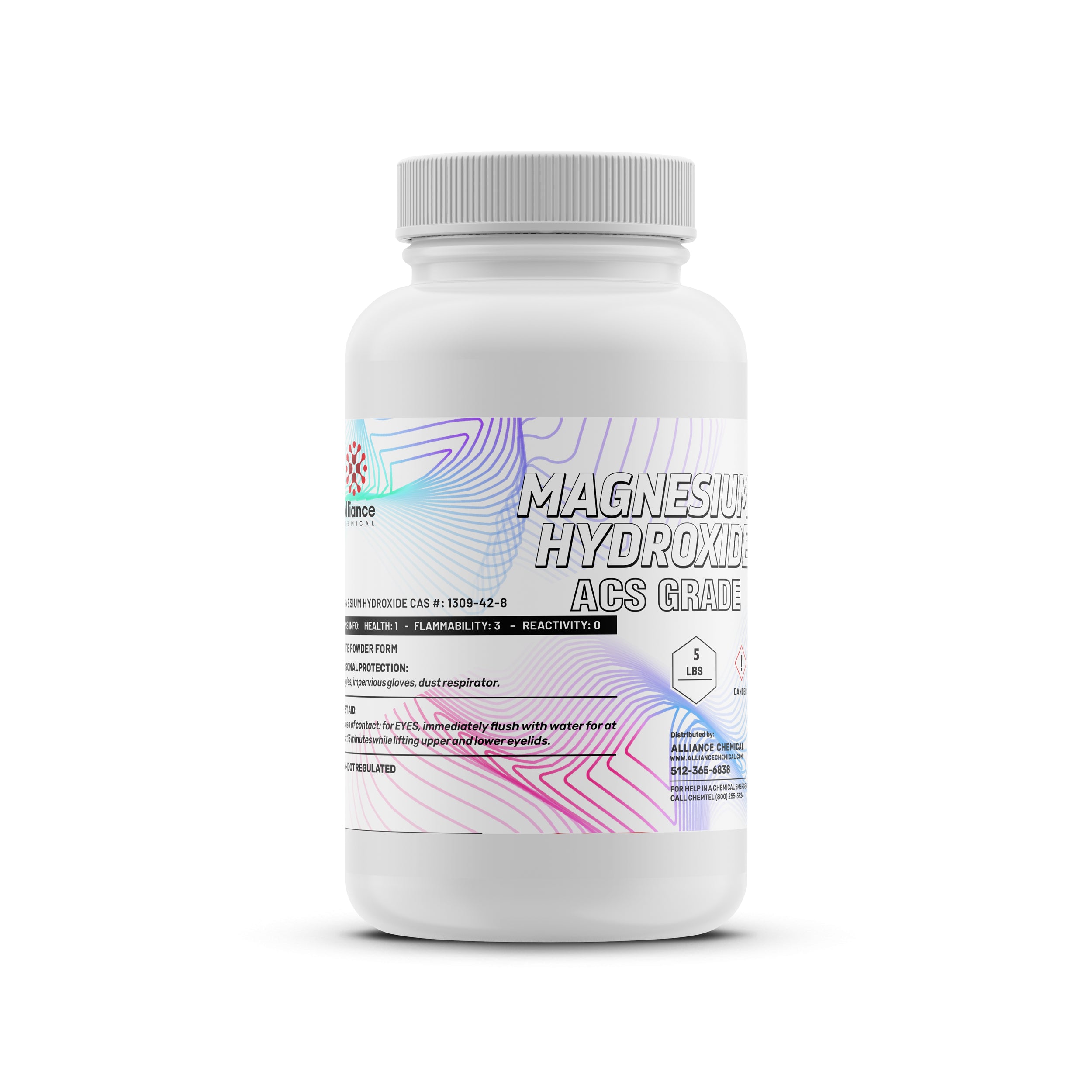 5 lb ACS-grade magnesium hydroxide powder in white HDPE bottle, featuring safety ratings (1-3-0) and protective equipment requirements, holographic label design.