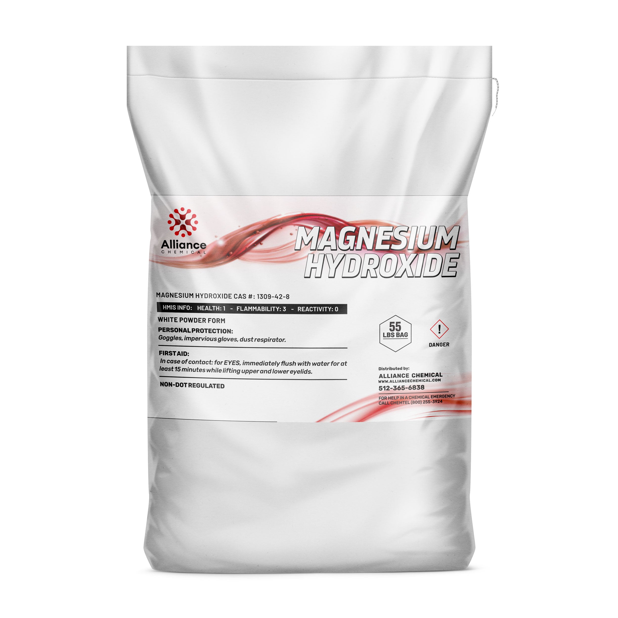 55lb bag of technical-grade magnesium hydroxide powder, white HMIS 1-3-0 rated, with danger symbol, Alliance Chemical branded packaging.