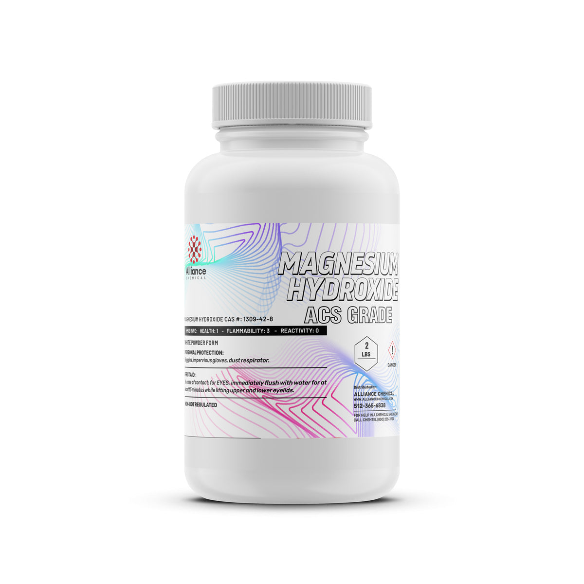 2lb Magnesium Hydroxide ACS Grade in HDPE bottle, with health-1/flammability-3/reactivity-0 safety ratings, Alliance