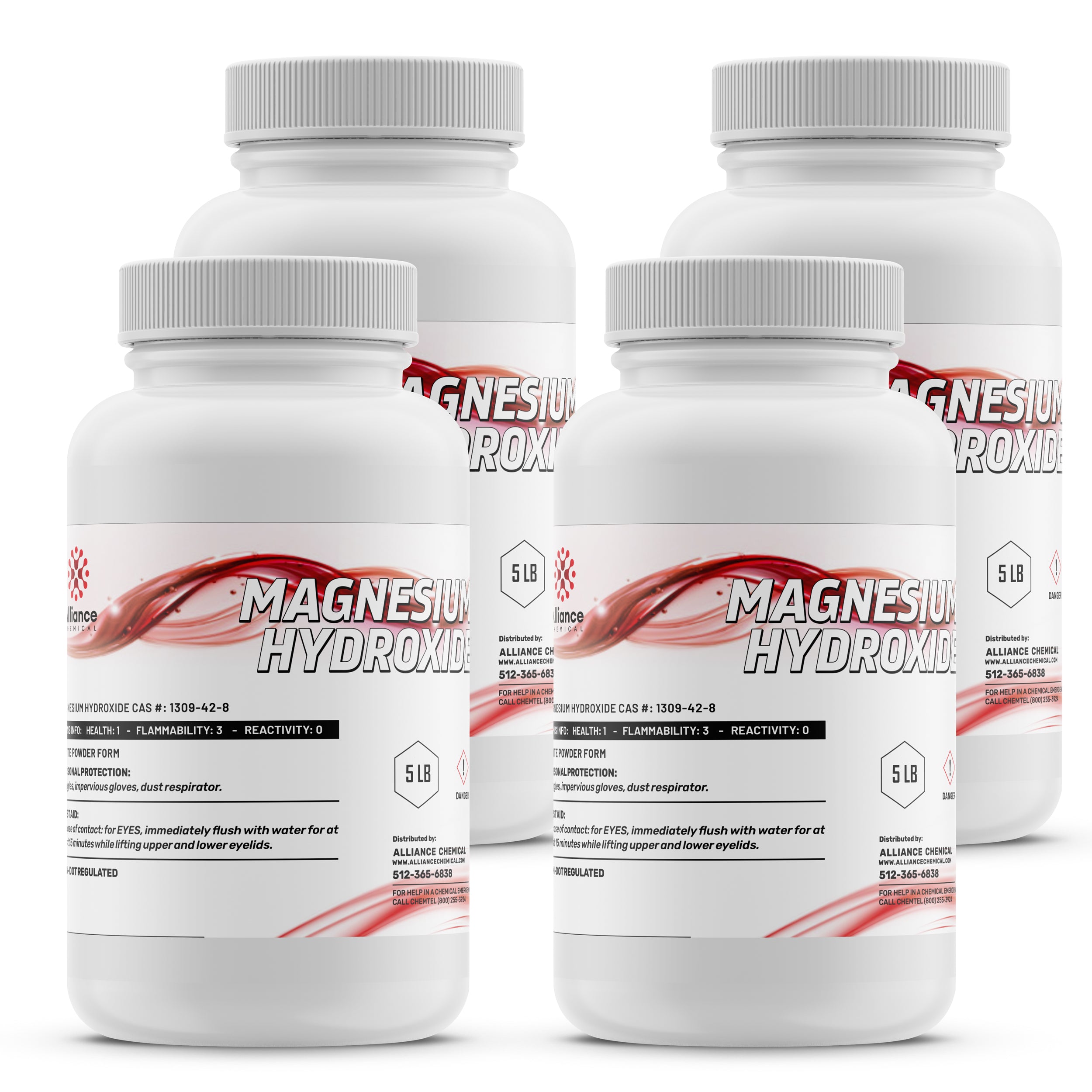 5 lb containers of Magnesium Hydroxide powder (CAS #1309-42-8) in white HDPE bottles with safety warnings, Health:1, Flammability:3, Reactivity:0.