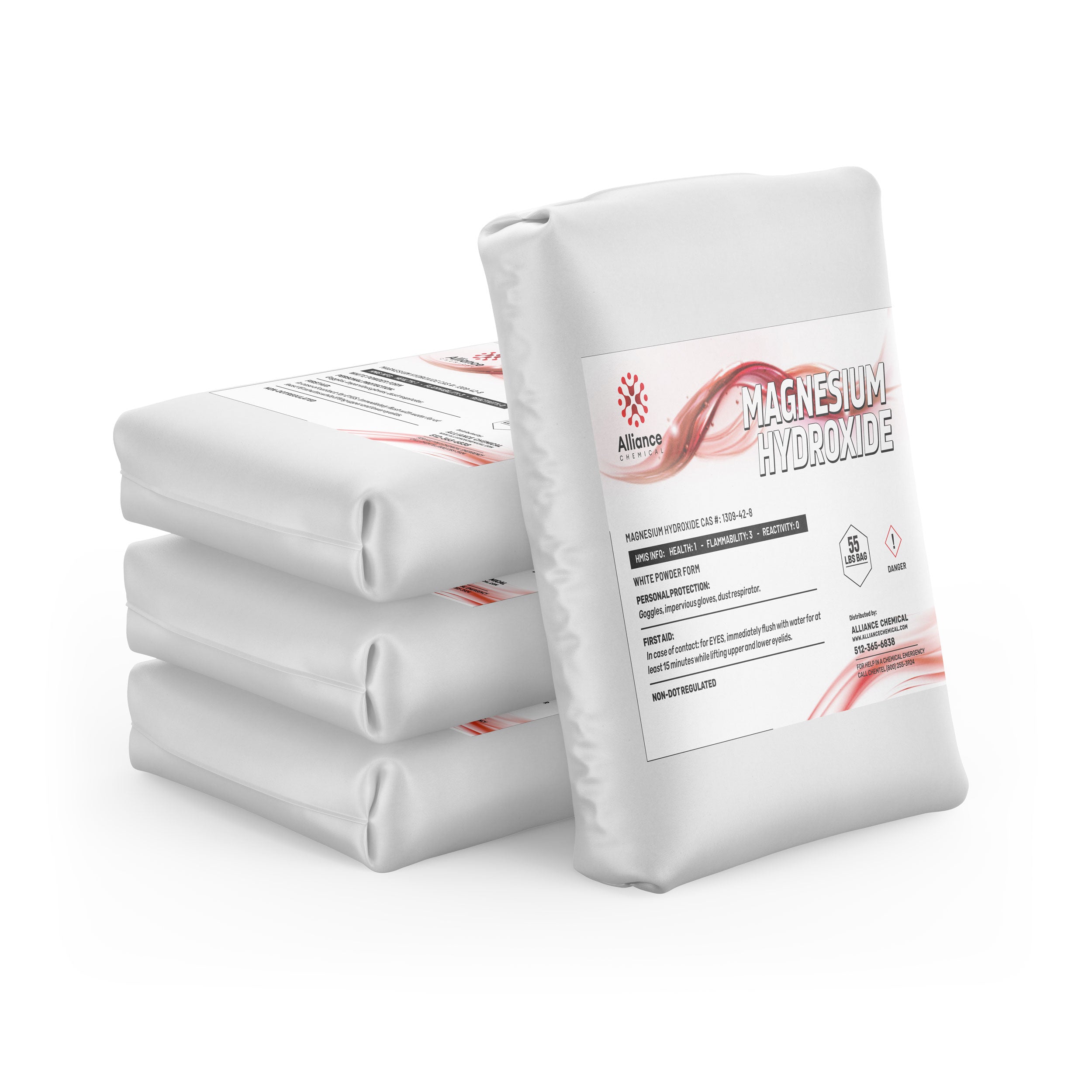 55lb bags of technical-grade magnesium hydroxide powder, white industrial packaging with red accents, safety labeling and Alliance Chemical branding, CAS #1309-42-8.