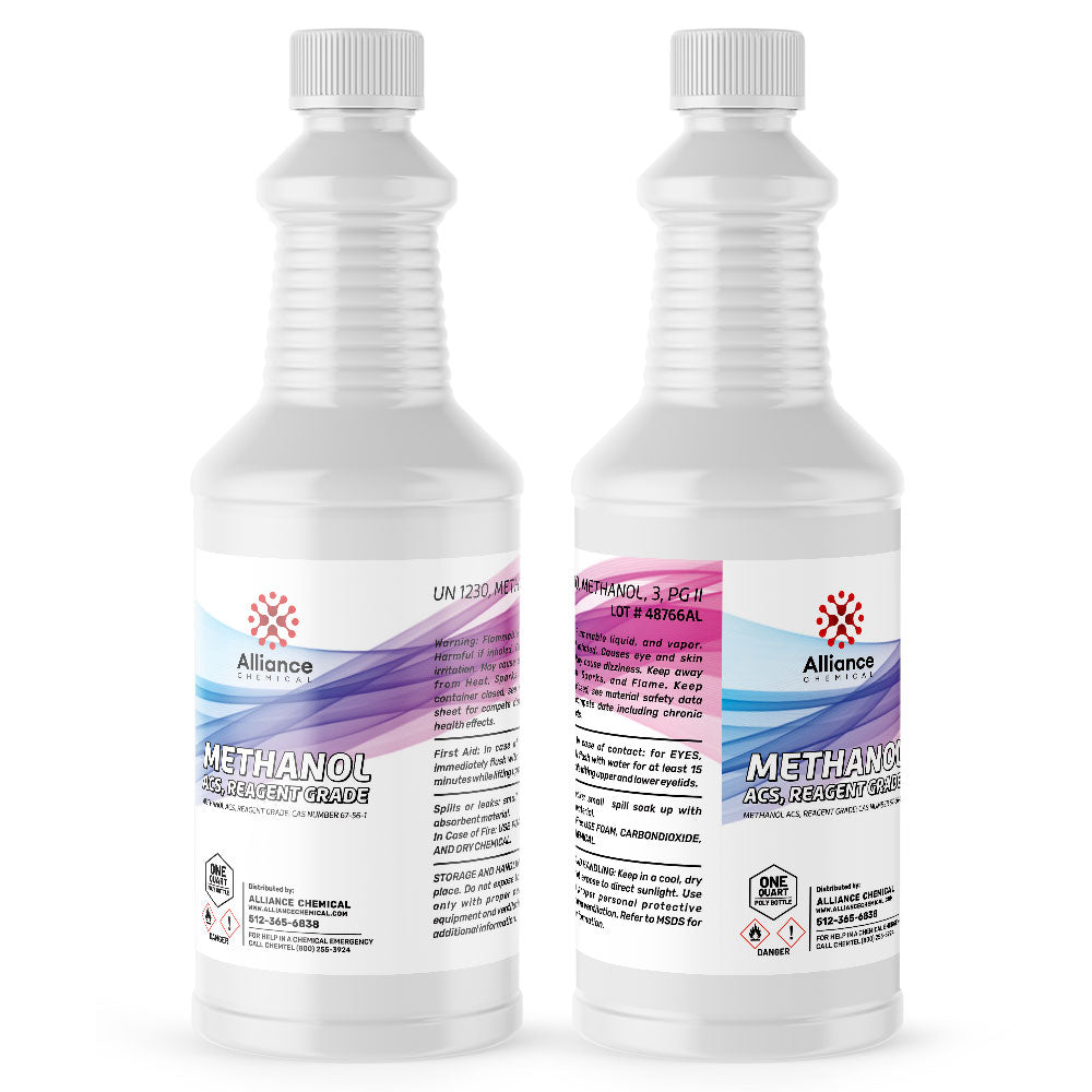 1-quart bottles of ACS Reagent Grade Methanol in white HDPE containers with flammable/toxic hazard symbols, Alliance Chemical branded labels.