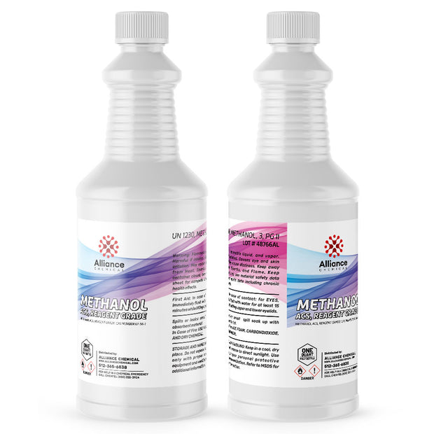1-quart bottles of ACS Reagent Grade Methanol in HDPE containers with flammable/toxic, Alliance Chemical branded labels