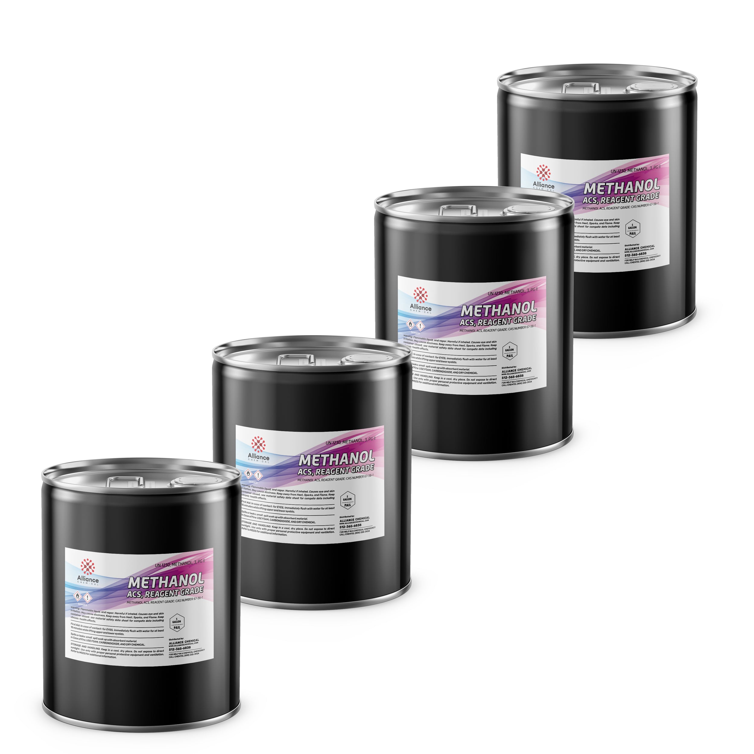 4x5-gallon black steel drums of ACS Reagent Grade Methanol from Alliance Chemical, featuring safety labeling and secure-seal lids.