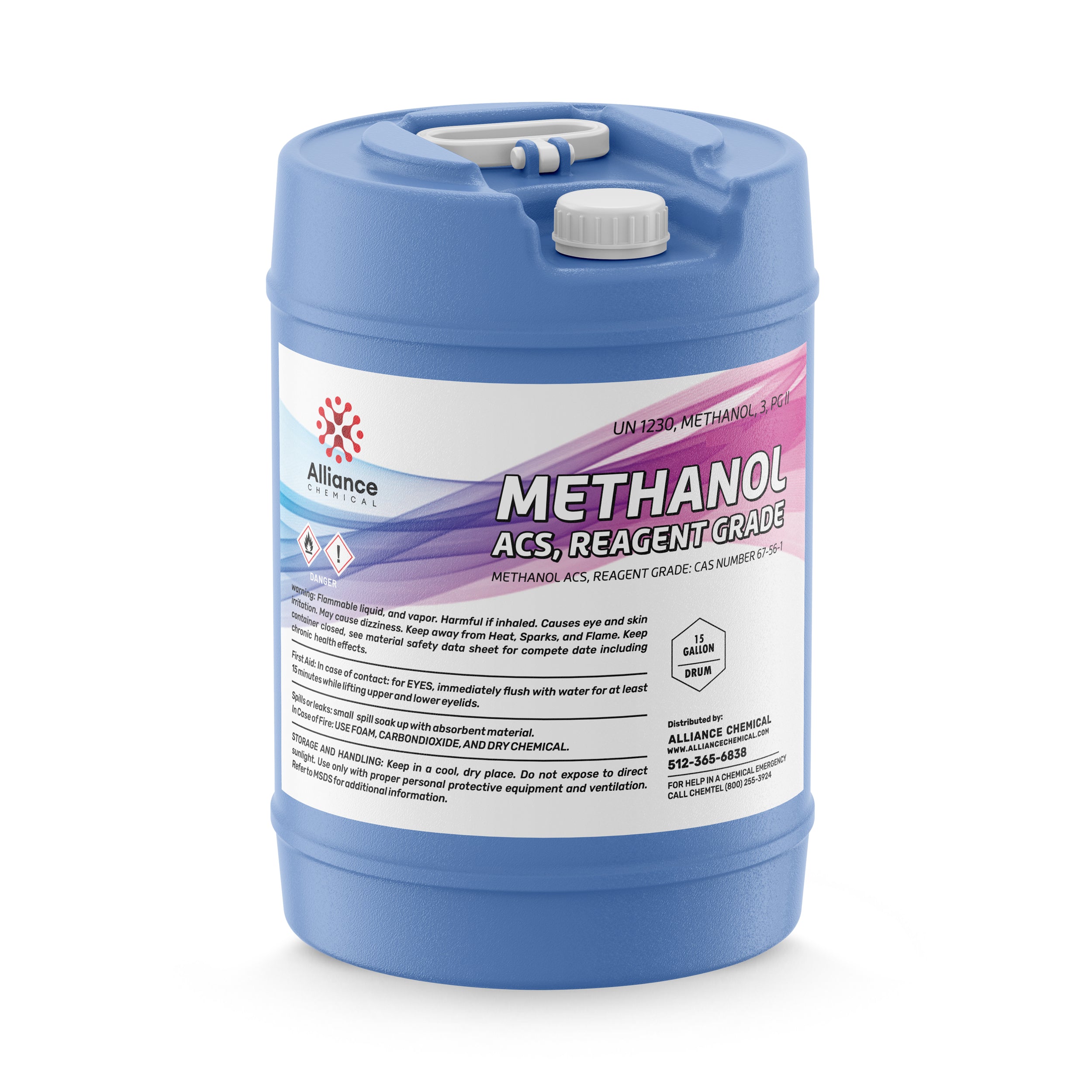 15-gallon blue HDPE drum of Methanol ACS Reagent Grade (UN-1230) with flammable/toxic warning symbols, white cap, and safety handling instructions.