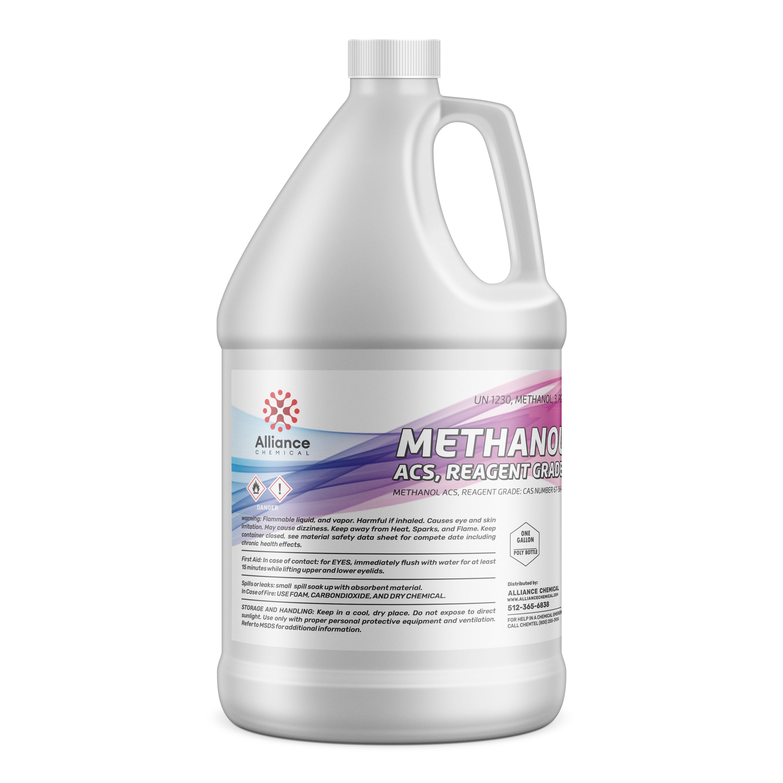 One-gallon HDPE bottle of Methanol ACS Reagent Grade by Alliance Chemical, featuring UN1230 code, flammable/toxic warning symbols, and safety handling instructions.