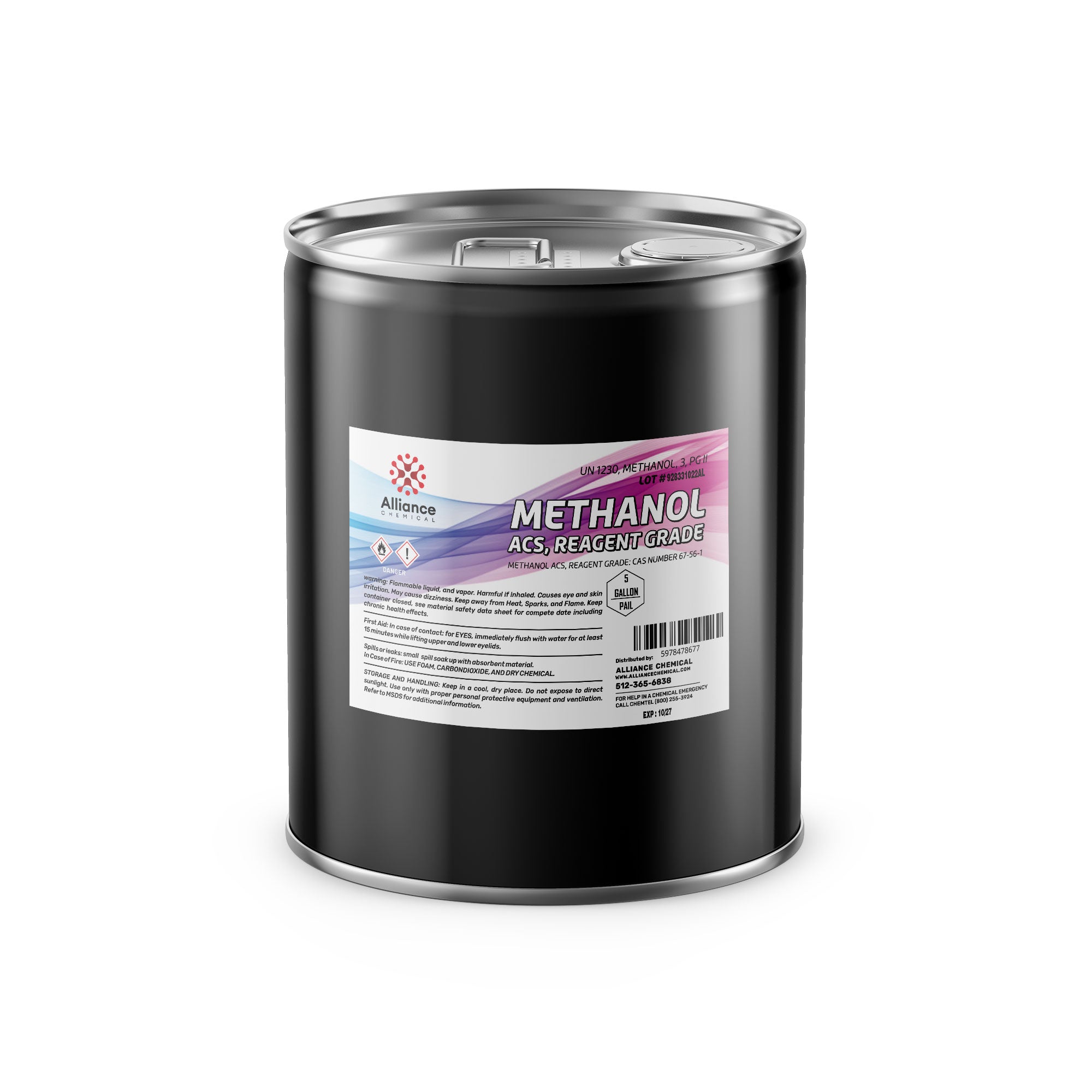 5-gallon black steel drum of ACS reagent-grade methanol from Alliance Chemical, featuring UN1230 classification, hazard symbols, and safety warnings.