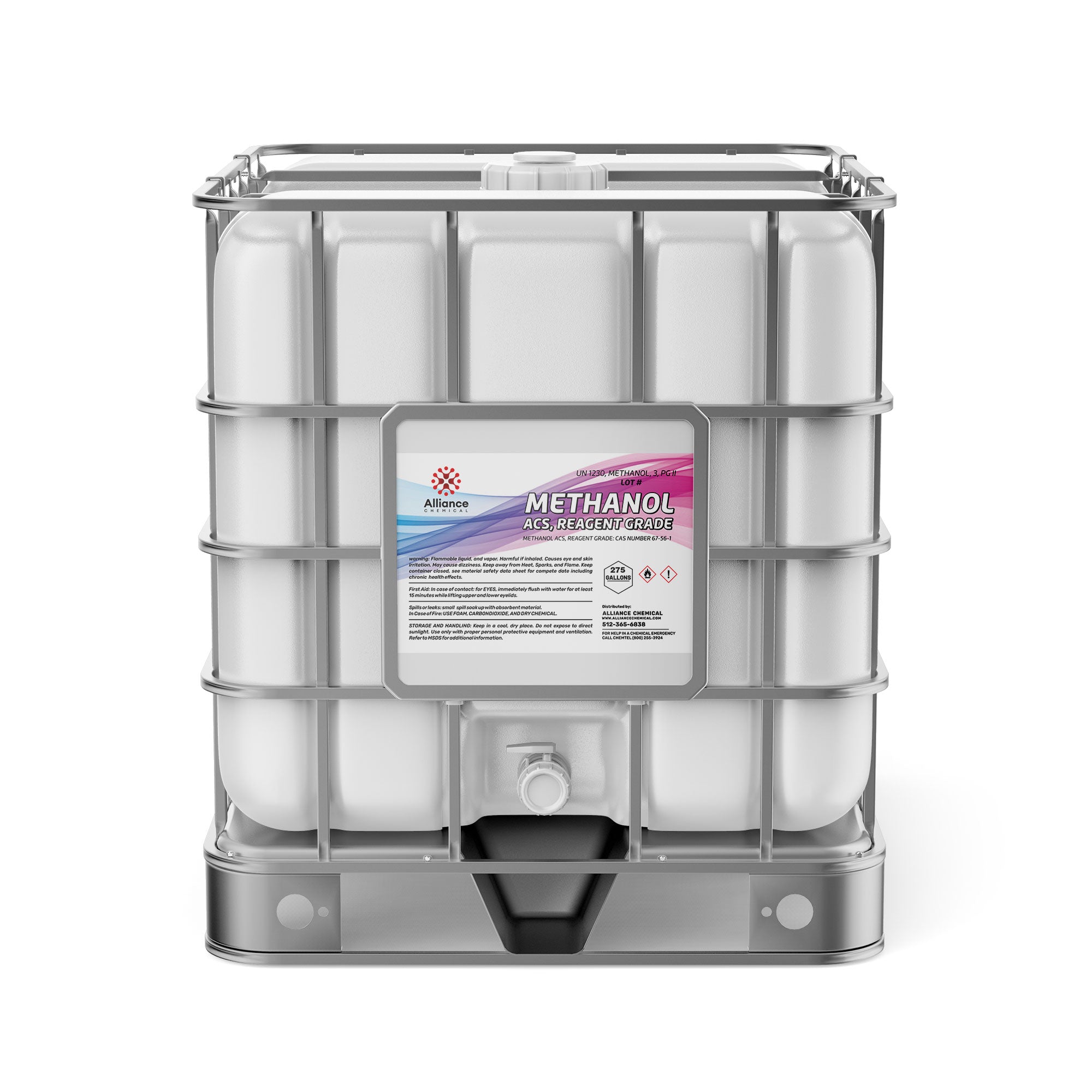 275-gallon reagent-grade methanol in white IBC tote container with metal cage frame, ACS certified, hazard labels 1/3, Alliance Chemical branding.