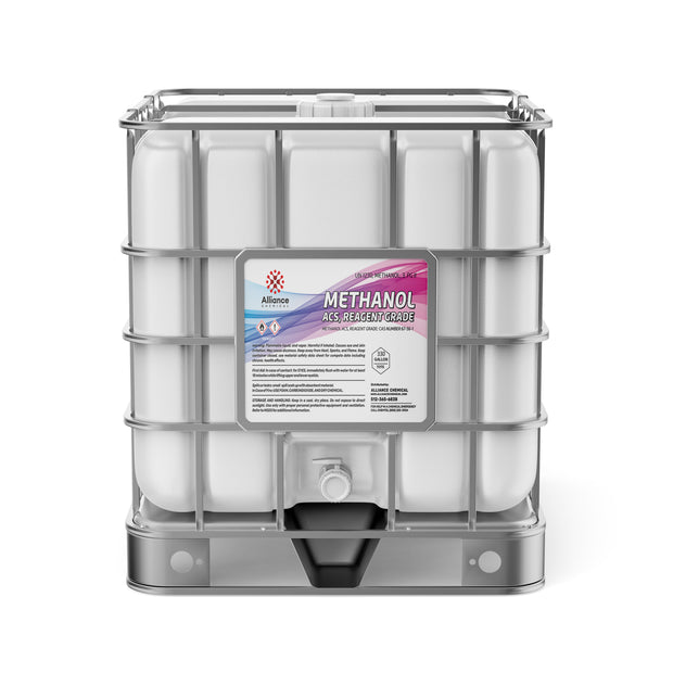 1 330-gallon HDPE tote of Alliance Chemical Methanol ACS Reagent Grade with a steel cage and a white cap
