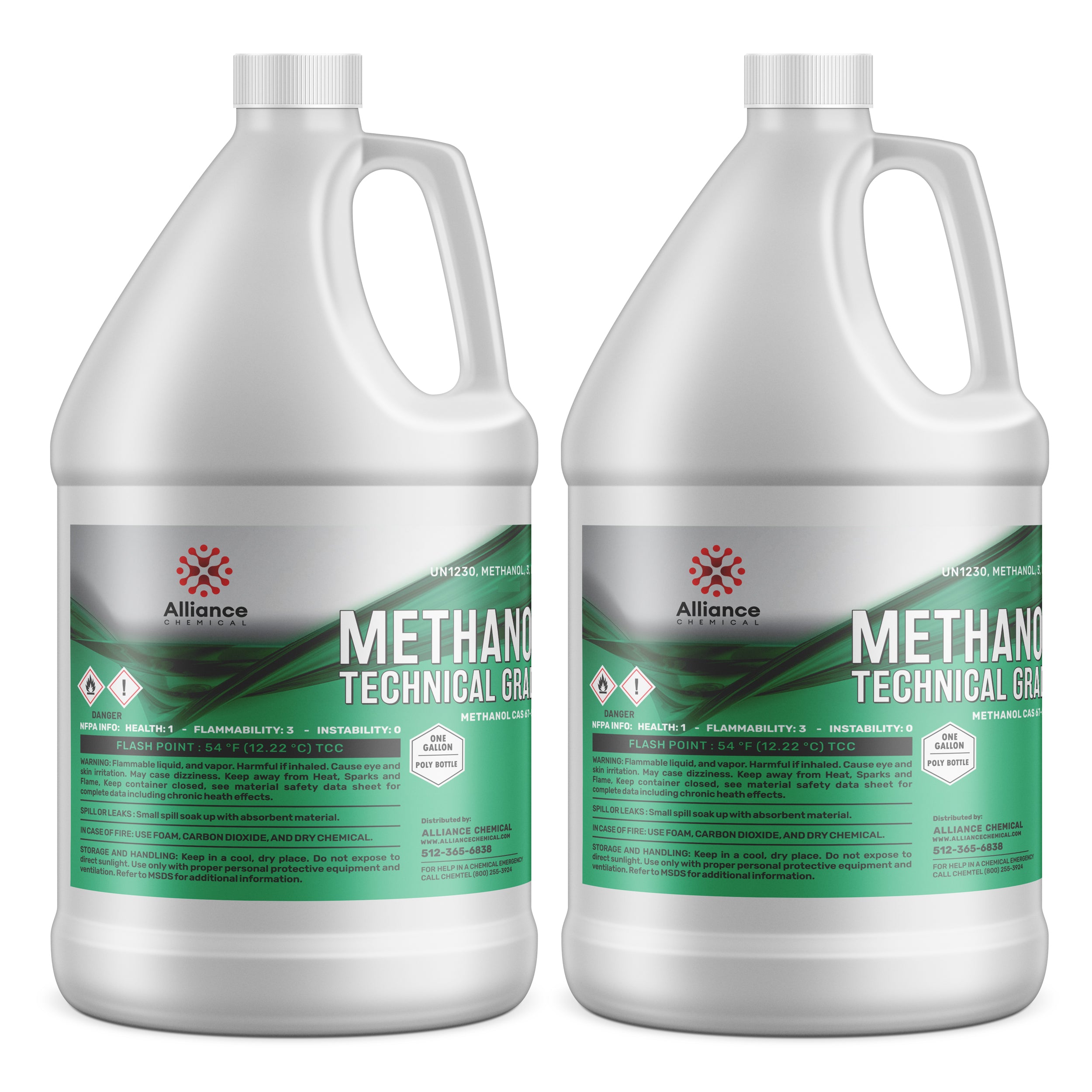 Two 1-gallon HDPE bottles of technical-grade methanol from Alliance Chemical, displaying UN1230 classification, flammability/health warning symbols, and green-gradient label design.