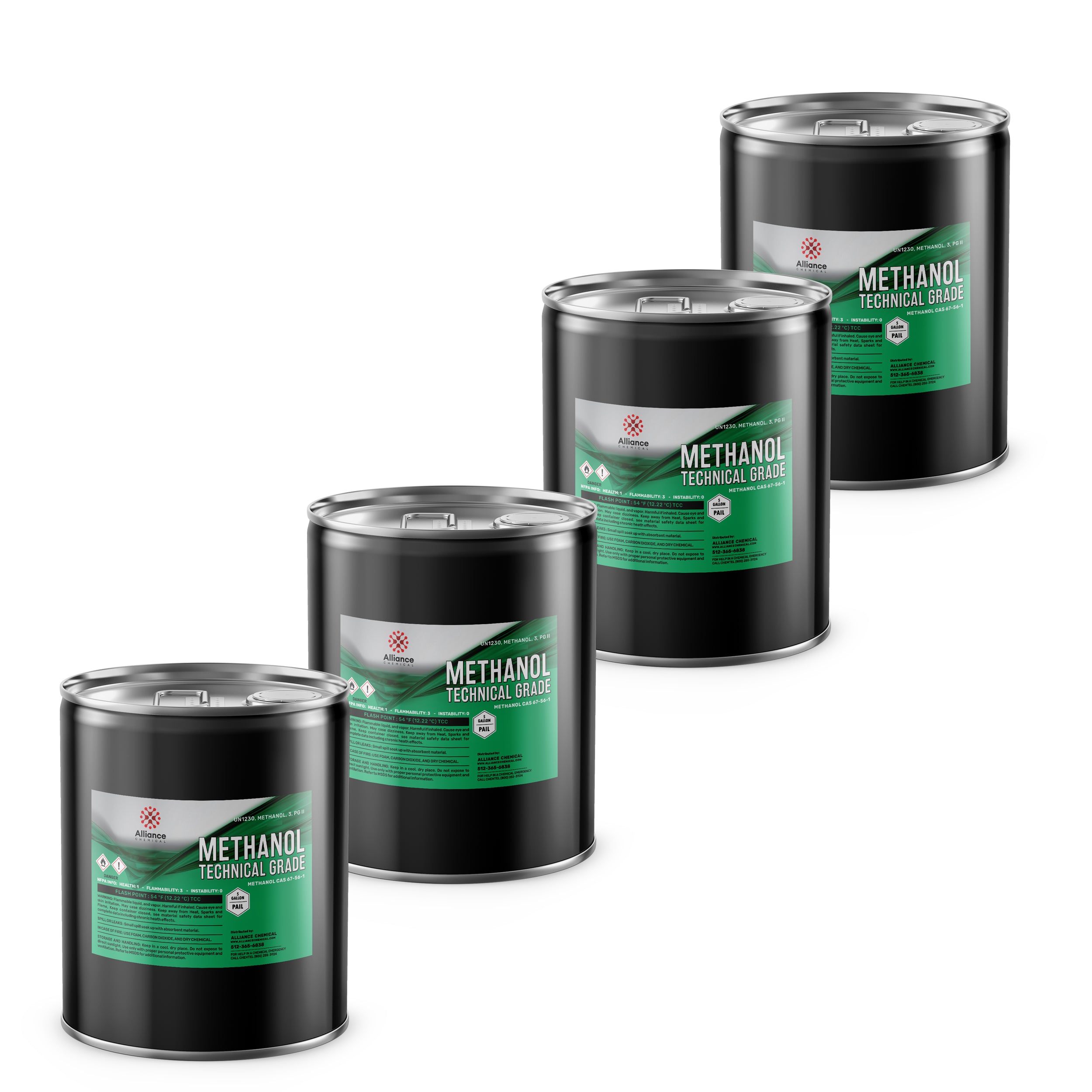4x5-gallon drums of Technical Grade Methanol in black steel containers with green-labeled hazard warnings, manufactured by Alliance Chemicals for industrial use.