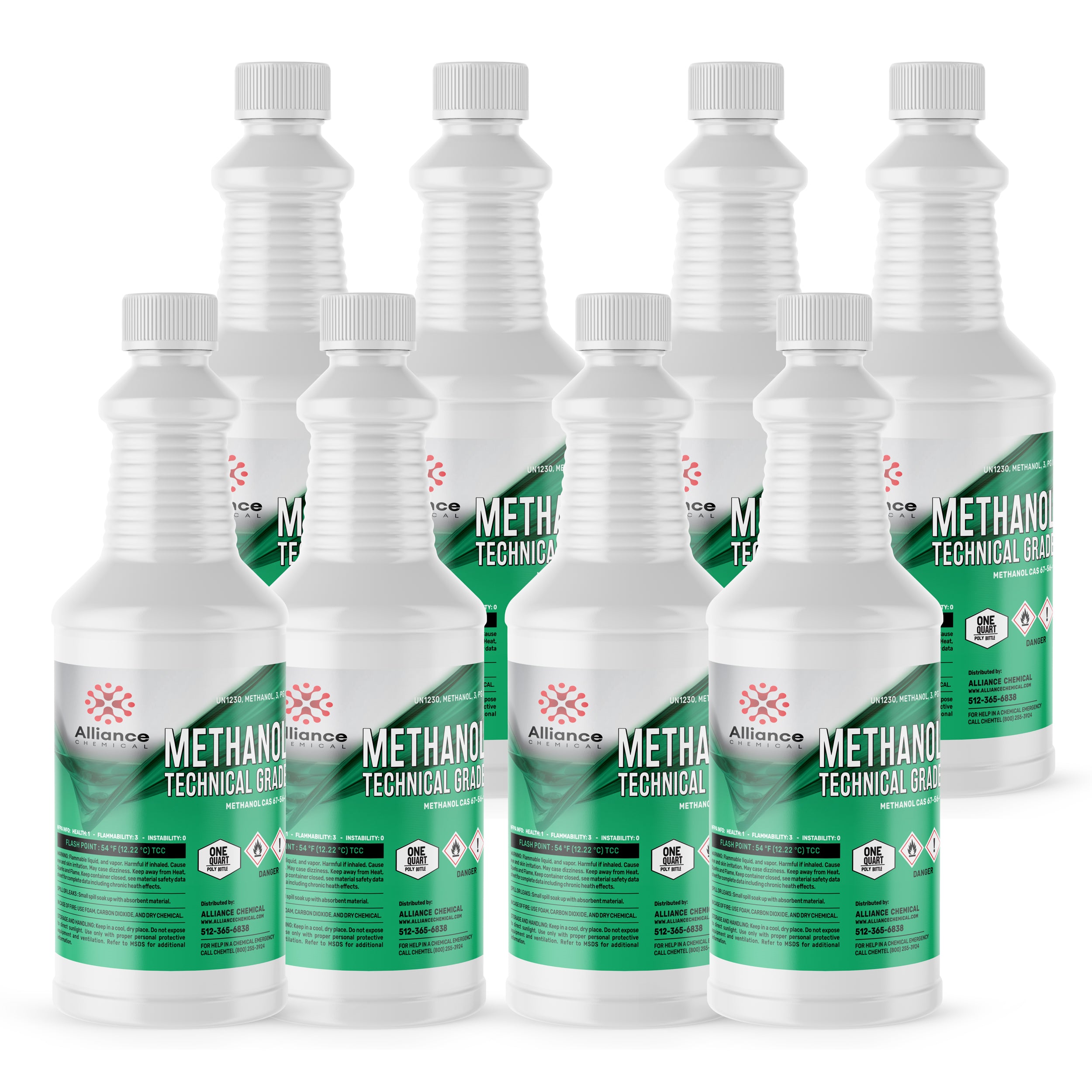 8 quart bottles of technical-grade methanol in white HDPE containers with green labels, flammable warning symbols, manufactured by Alliance Chemical.