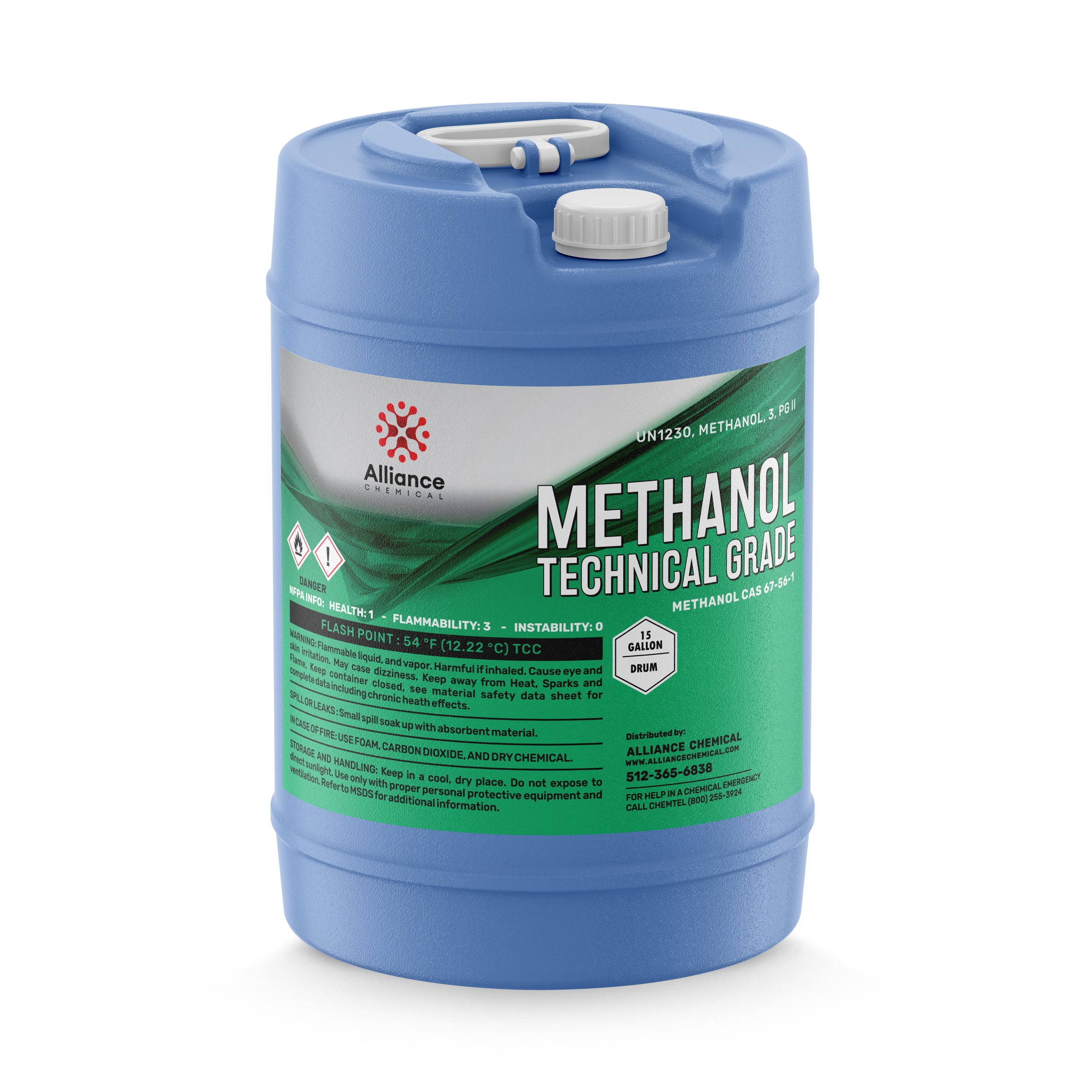 15-gallon blue HDPE drum of technical-grade methanol with UN1230 classification, flammability warnings, and Alliance Chemical branding.