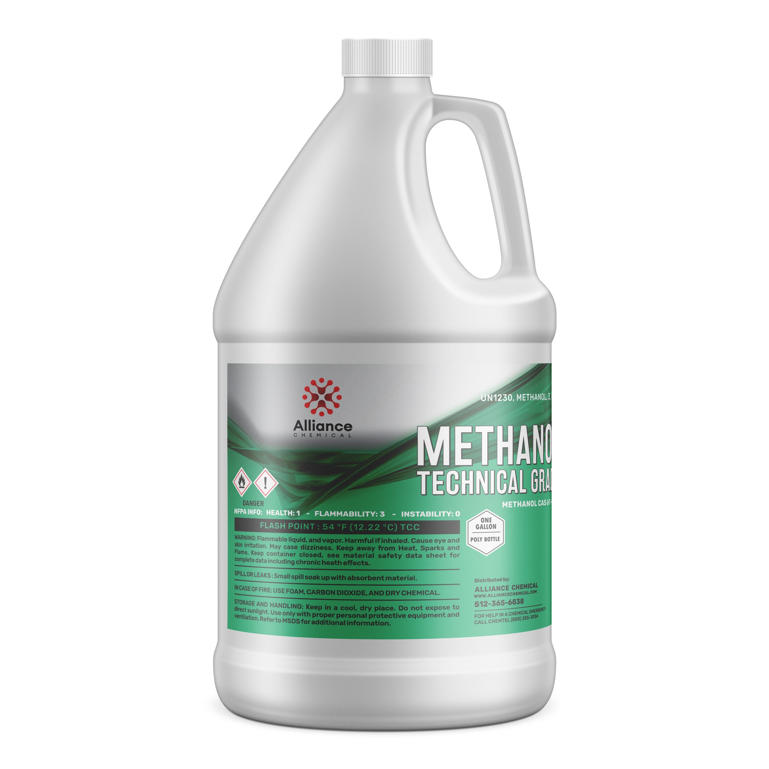 One-gallon HDPE bottle of Alliance Chemical technical-grade methanol with green label, NFPA diamond, UN1230 marking, and flammability warnings.