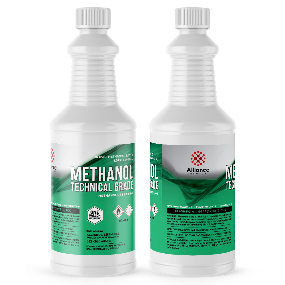 1-quart HDPE bottles of technical-grade methanol from Alliance Chemical