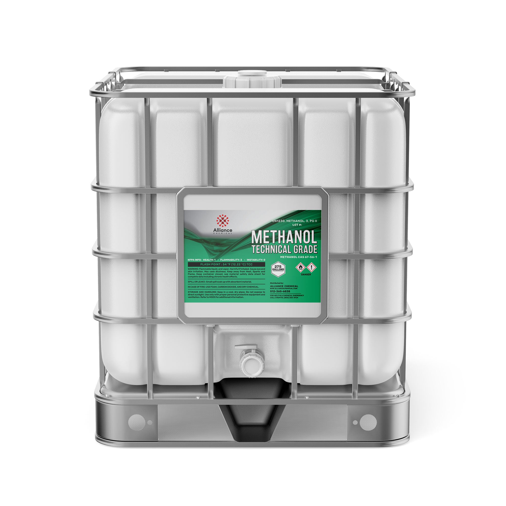 275-gallon IBC tote of technical-grade methanol in white HDPE container with metal cage, hazard symbols, Alliance Chemical branding, green label.
