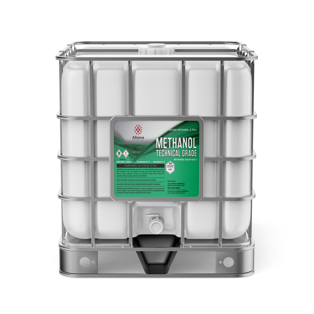 One 330-gallon tote of Alliance Chemical Methanol Technical Grade with a steel cage and a white cap.