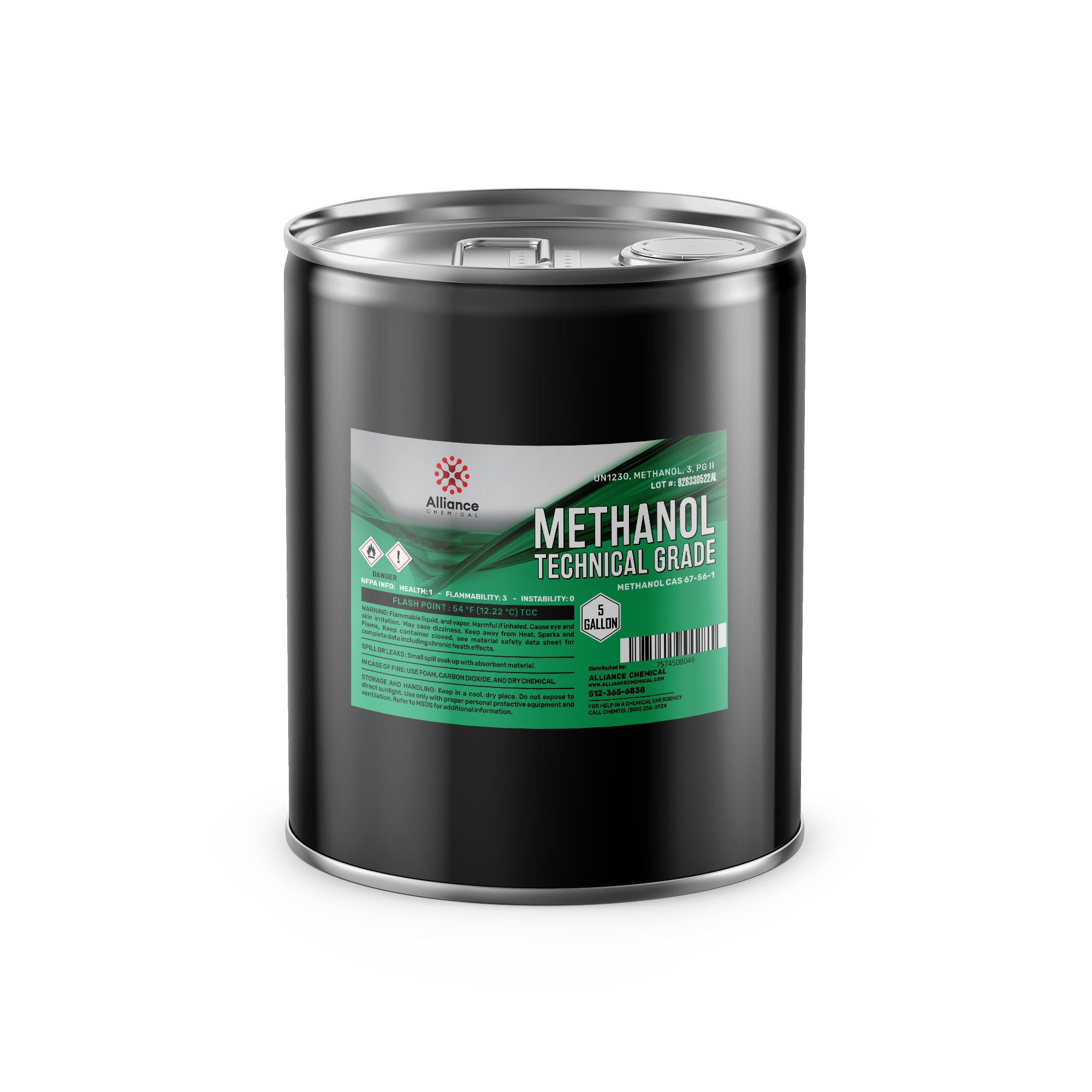 5-gallon black steel drum of technical-grade methanol with flammability/instability warning symbols, Alliance Chemical label, and secure metal lid.
