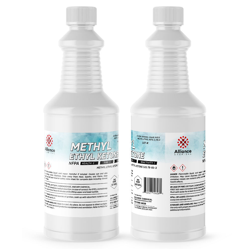 2-quart Alliance MEK (Methyl Ethyl Ketone) industrial solvent in white HDPE bottle with NFPA hazard labels and safety warnings.