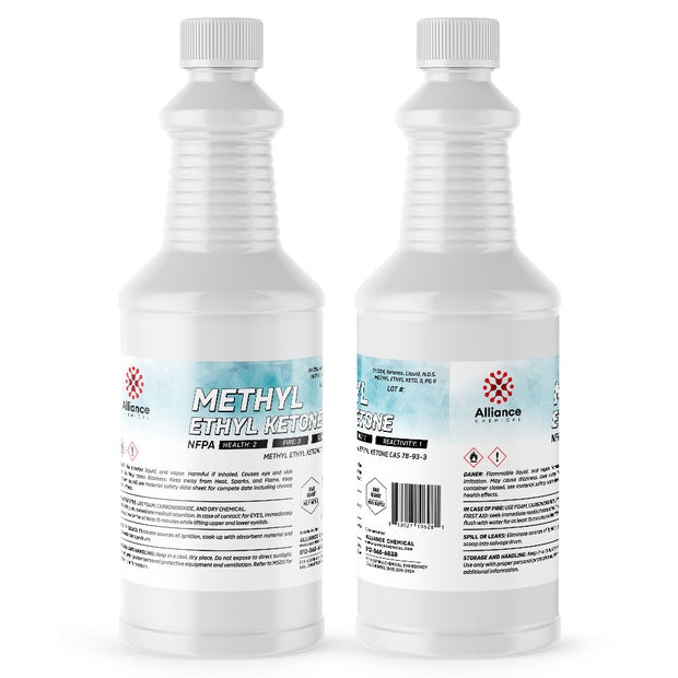 Alliance Chemical 2-quart Alliance MEK (Methyl Ethyl Ketone) industrial solvent in HDPE bottle with NFPA hazard labels