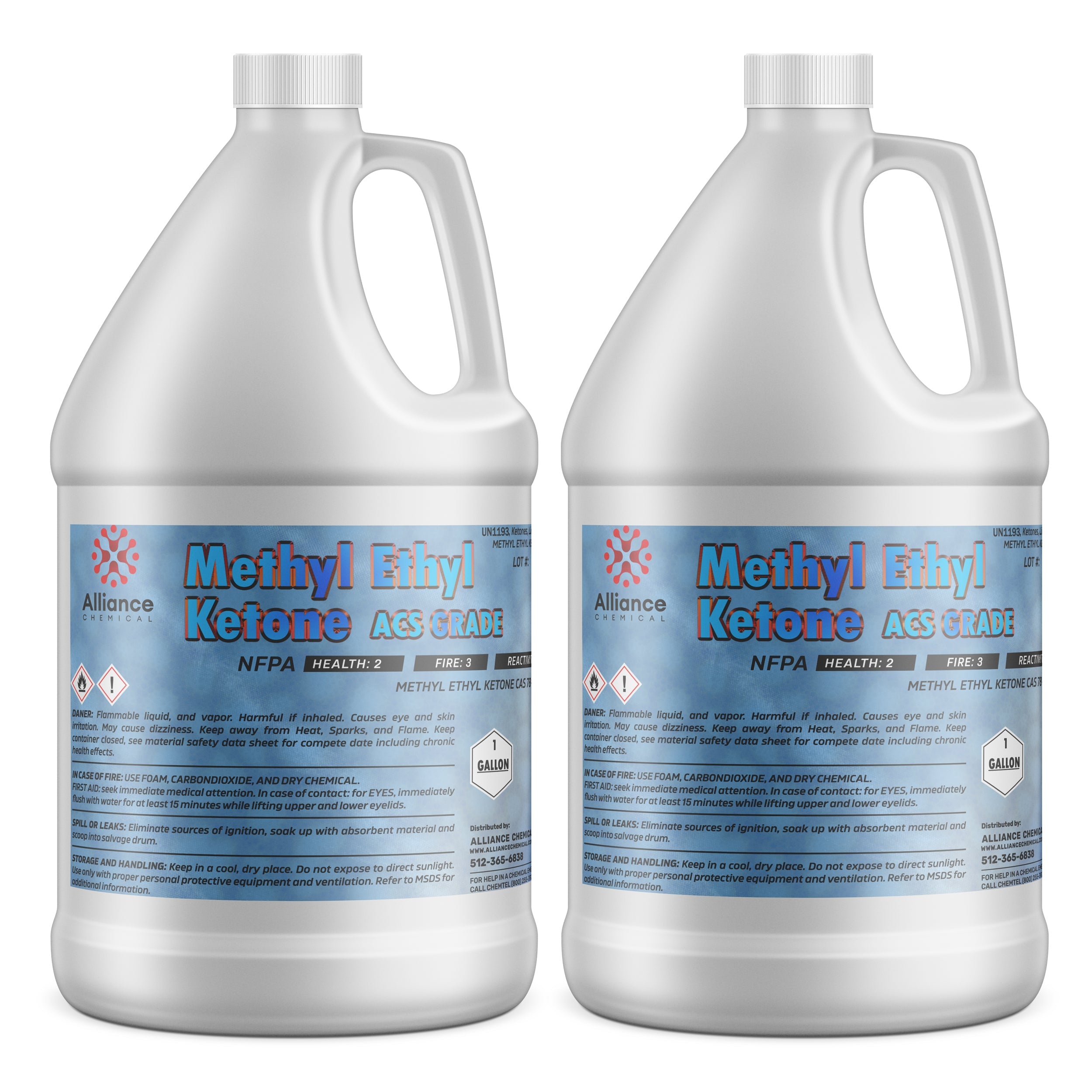 Two 1-gallon HDPE jugs of ACS-grade Methyl Ethyl Ketone (MEK) with NFPA diamond (Health:2, Fire:3), flammable liquid warnings, and Alliance Chemical branding.