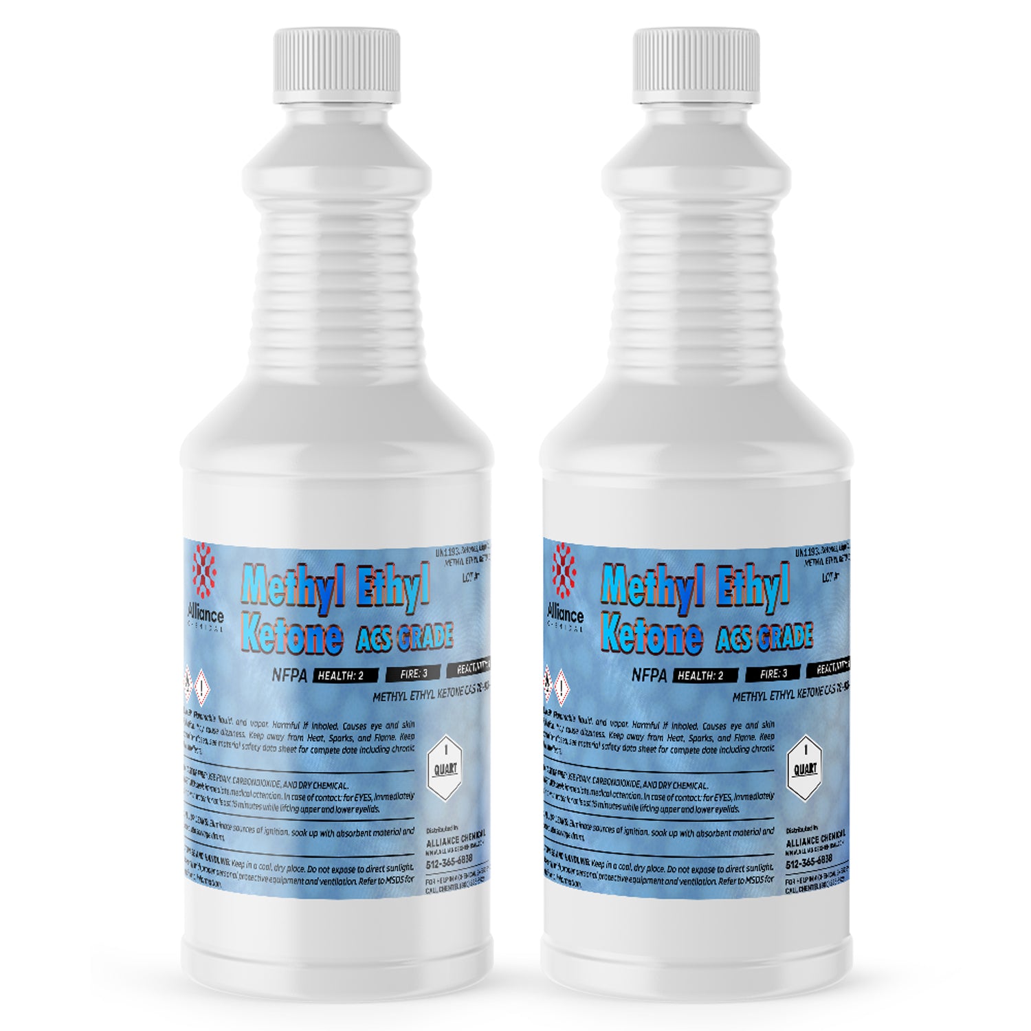 Alliance Chemical methyl ethyl ketone ACS grade in two clear 1-liter plastic bottles with screw caps