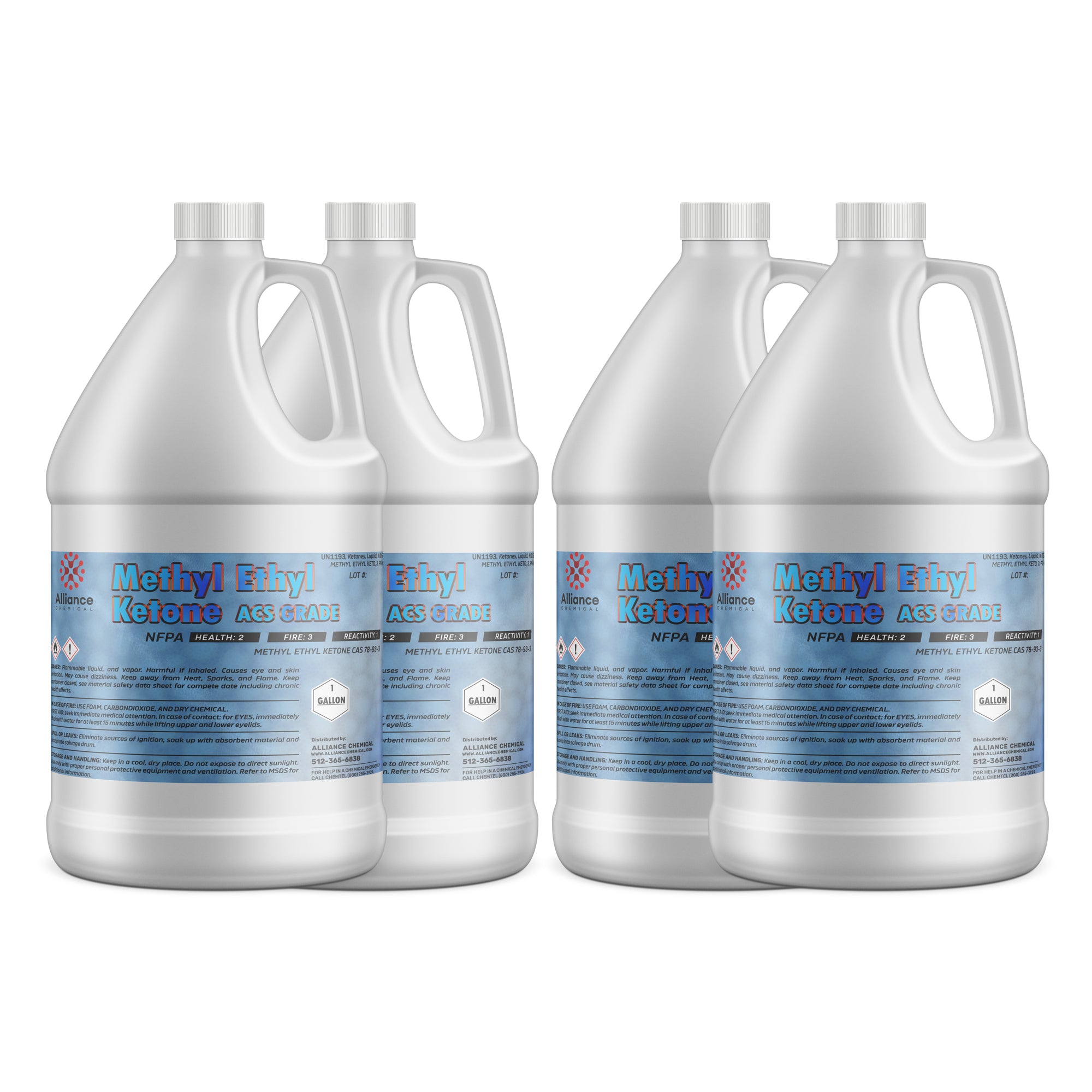 4x1-gallon HDPE jugs of Methyl Ethyl Ketone (MEK) ACS grade chemical, Alliance Chemical brand, with flammable warning symbols and safety labeling.