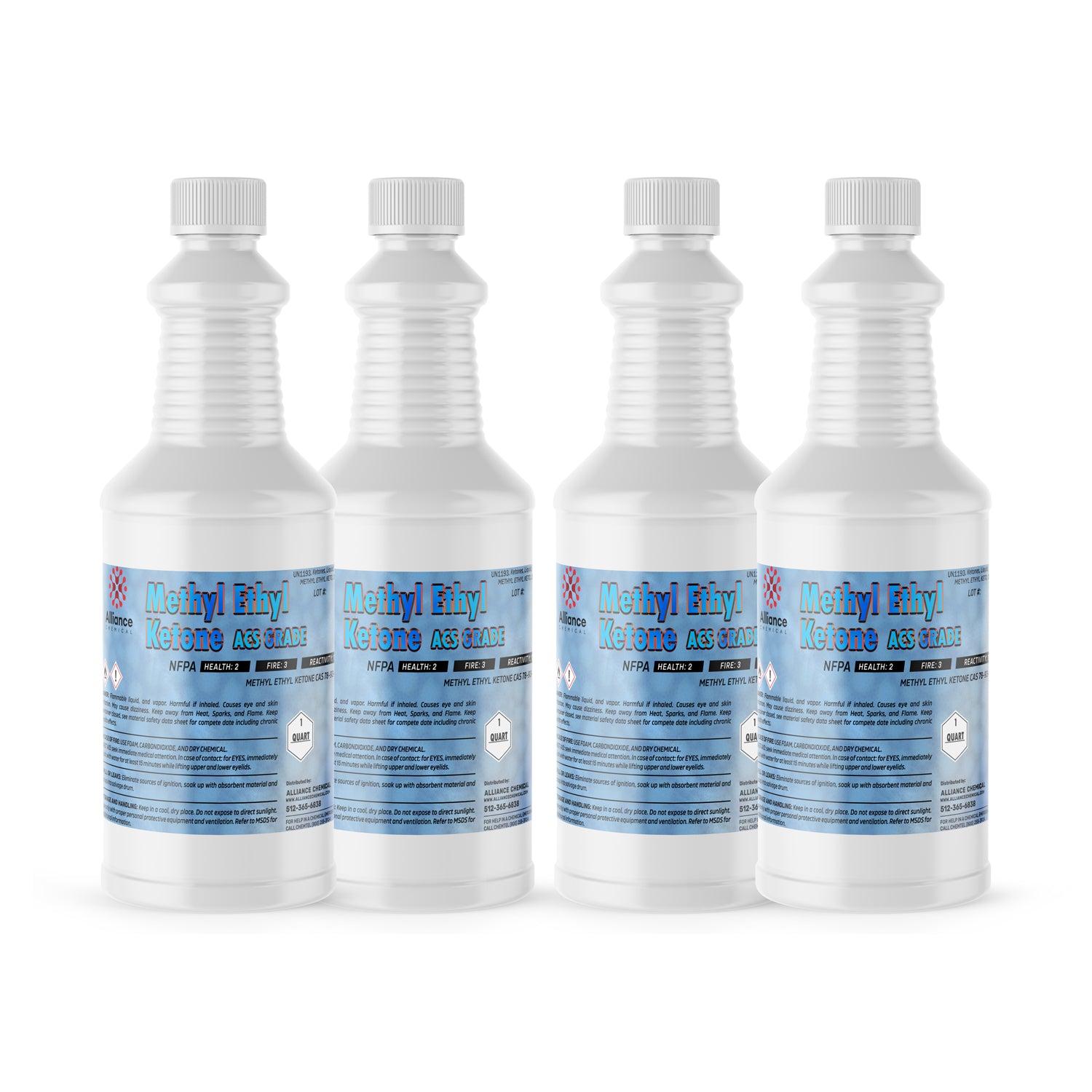4x1-quart bottles of Methyl Ethyl Ketone (MEK) ACS grade, in white HDPE containers with blue labels, NFPA diamond hazard symbols and chemical safety warnings.