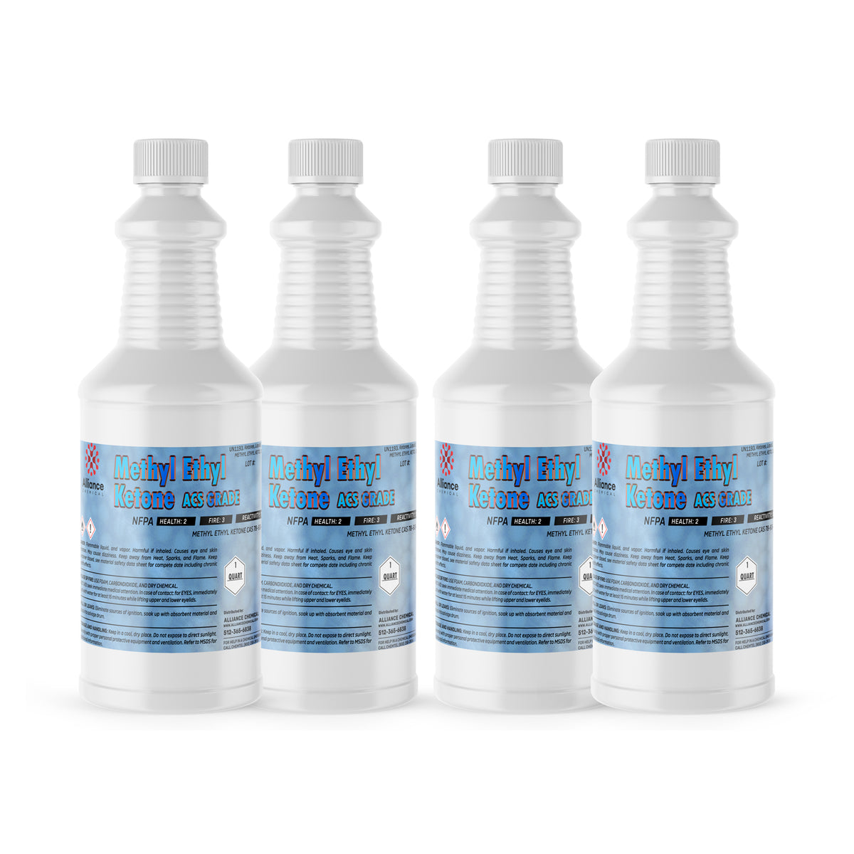 Four 1-quart plastic bottles of Alliance Chemical Methyl Ethyl Ketone ACS Grade with white screw caps and product labels.