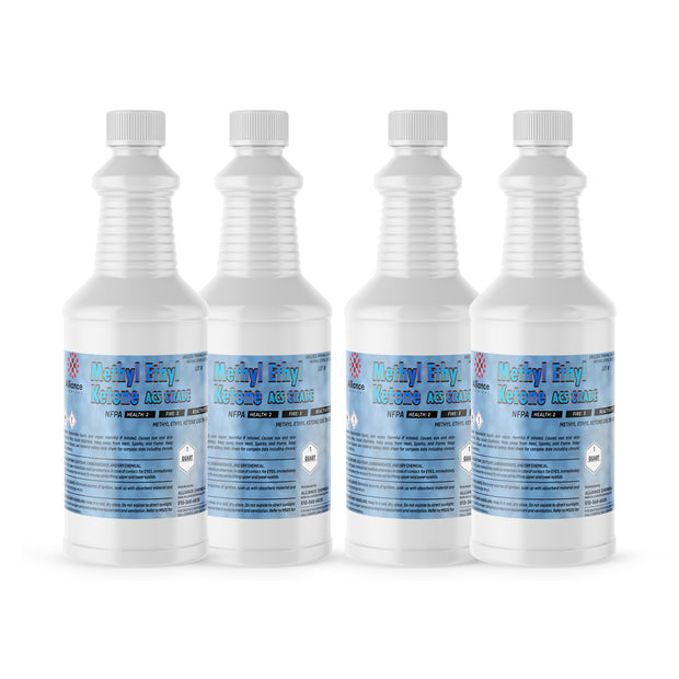 Four 1-quart plastic bottles of Alliance Chemical Methyl Ethyl Ketone ACS Grade with white screw caps and product labels.