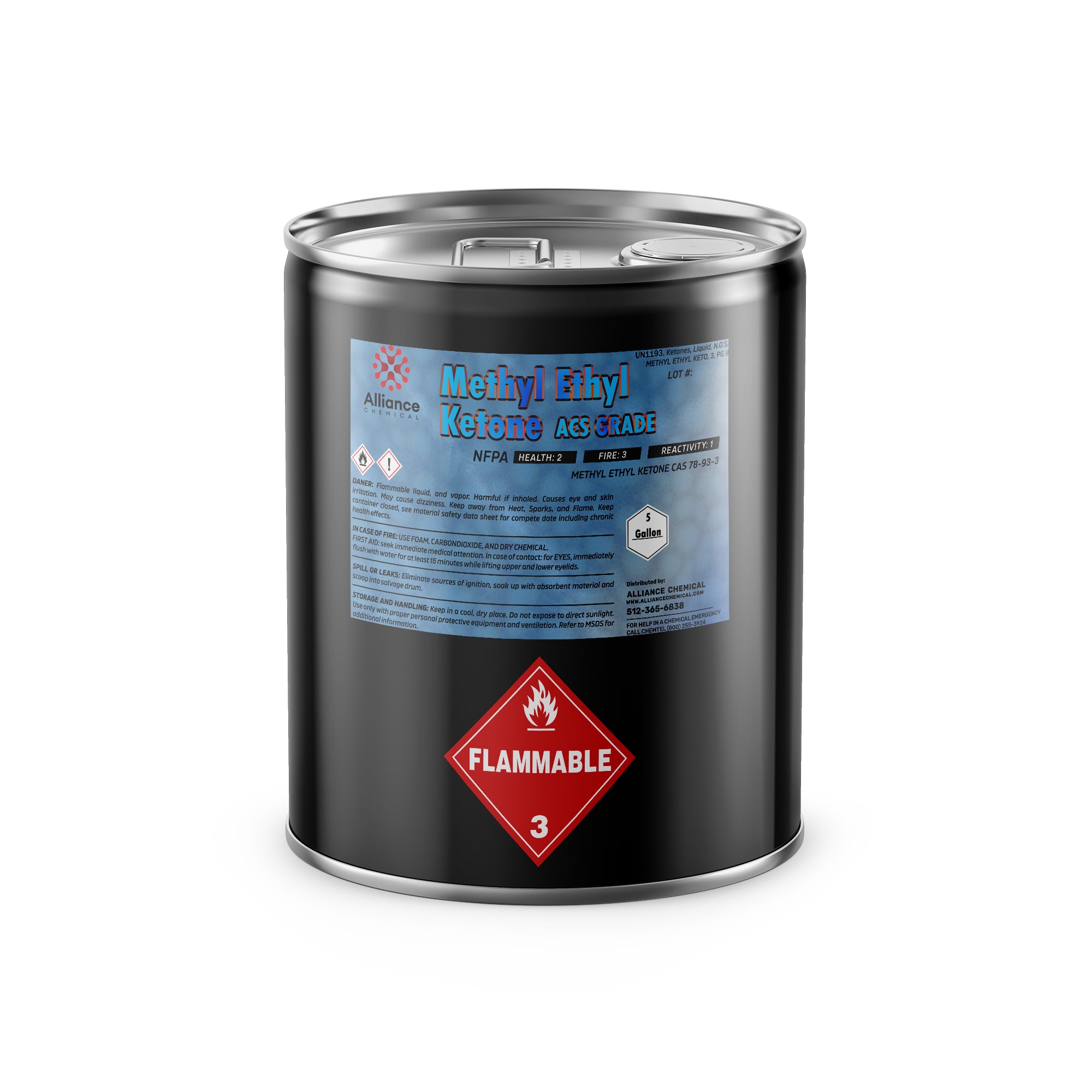 5-gallon steel drum of ACS-grade Methyl Ethyl Ketone (MEK) with flammable warning symbol, blue product label, and NFPA diamond ratings.