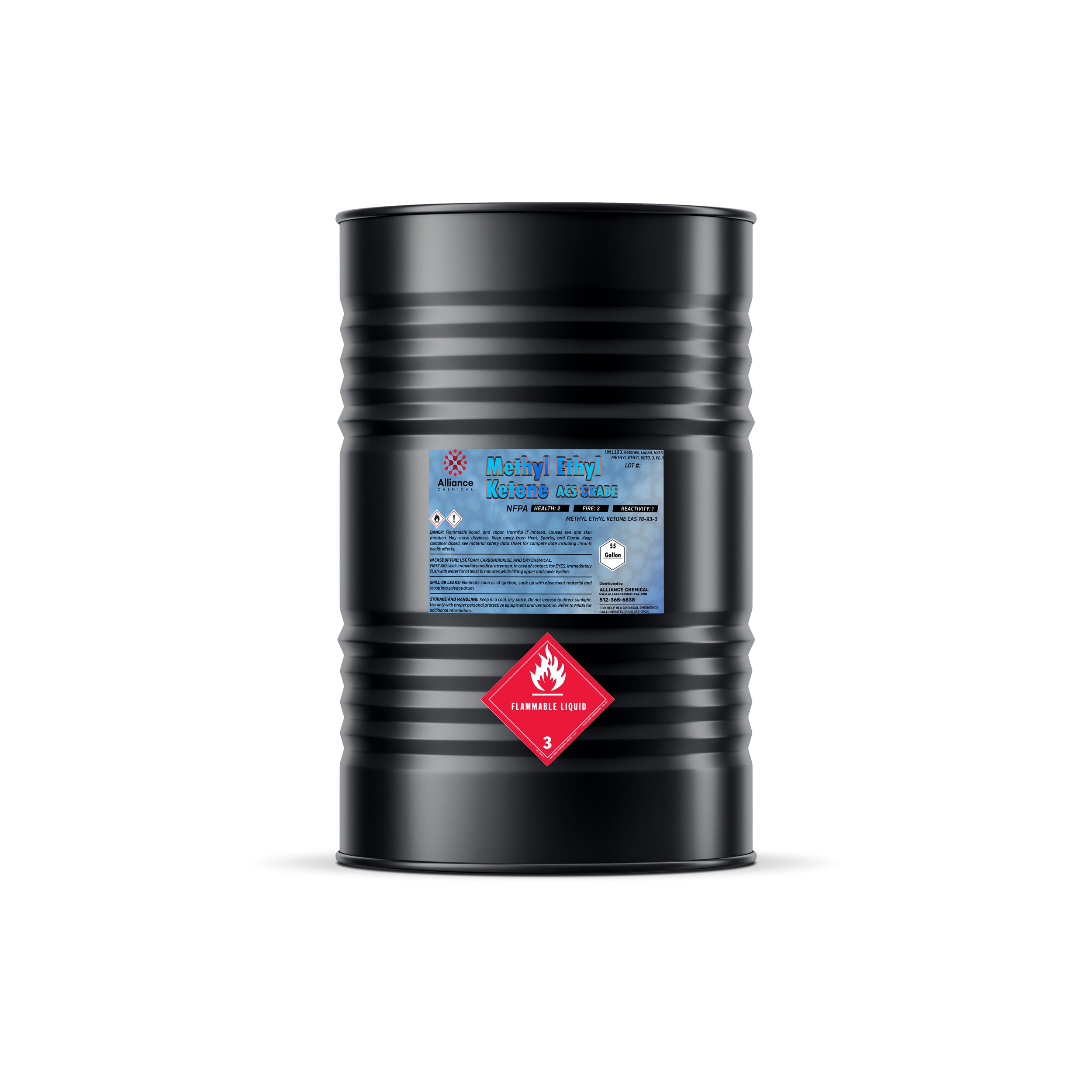 55-gallon black steel drum of Methyl Ethyl Ketone (MEK) ACS grade with flammable liquid Class 3 warning label and Alliance Chemical branding.
