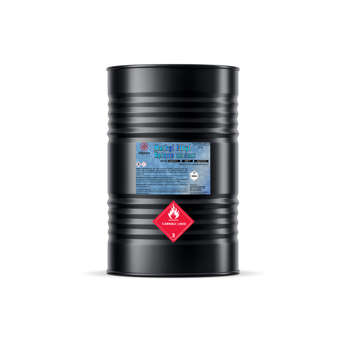 Alliance Chemical 55-gallon black steel drum of Methyl Ethyl Ketone (MEK) ACS grade with flammable liquid