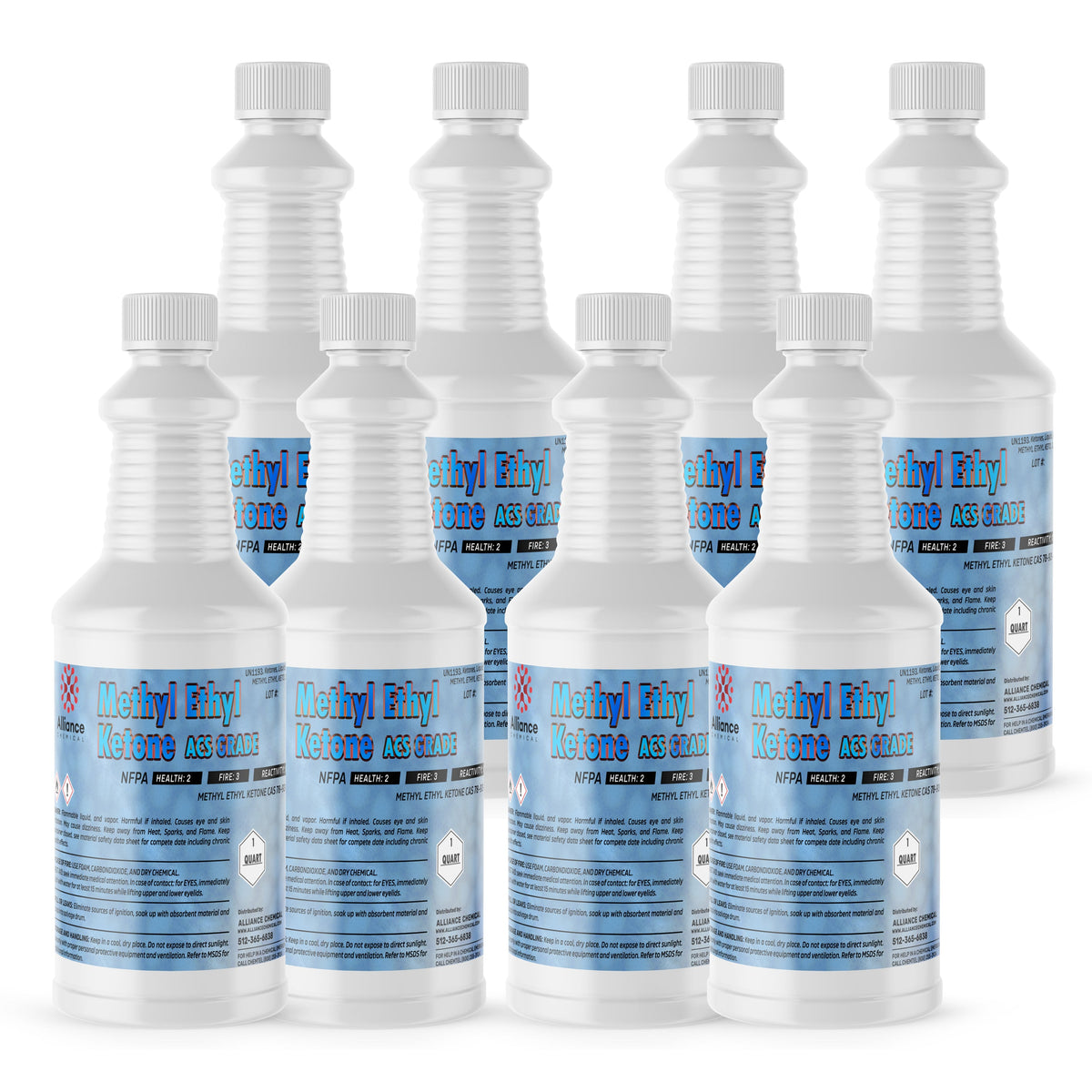 Seven 1-quart plastic bottles of Alliance Chemical Methyl Ethyl Ketone ACS Grade with white caps and product labels.