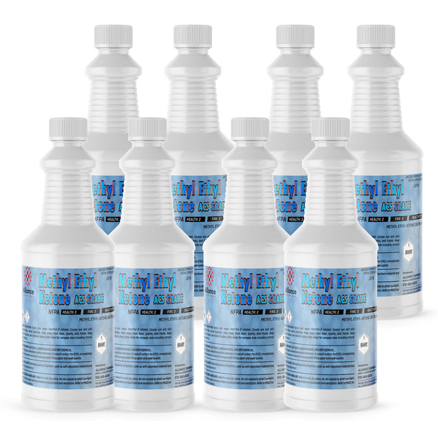 Seven 1-quart plastic bottles of Alliance Chemical Methyl Ethyl Ketone ACS Grade with white caps and product labels.