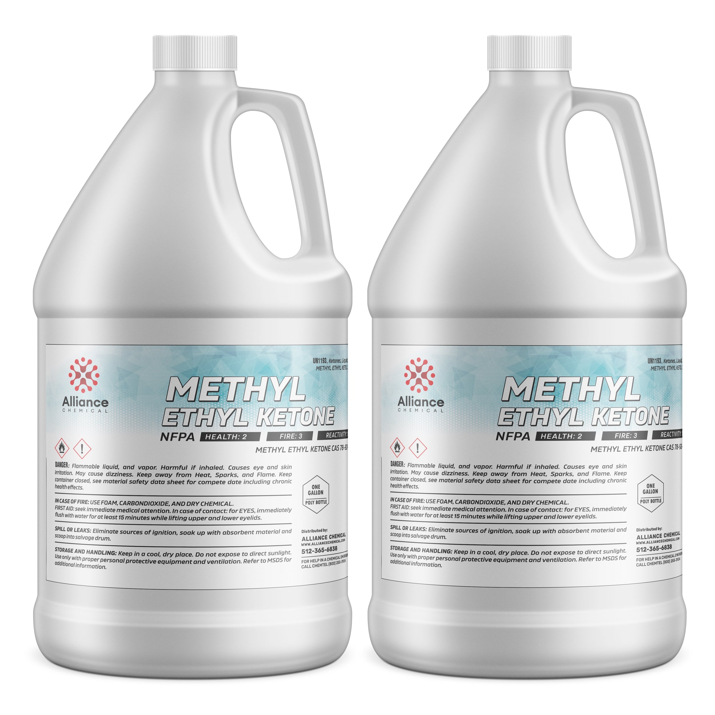 2-gallon HDPE jugs of Methyl Ethyl Ketone (MEK) solvent by Alliance Chemical with NFPA diamond, flammable/health warnings in white bottles.