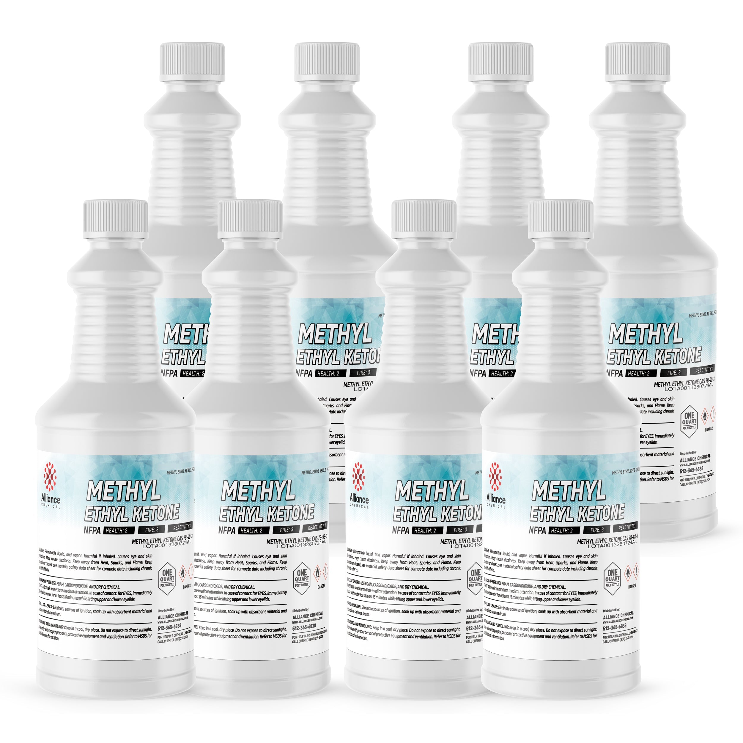 1-quart bottles of industrial MEK (Methyl Ethyl Ketone) solvent in HDPE containers with NFPA warning labels and Alliance Chemical branding.