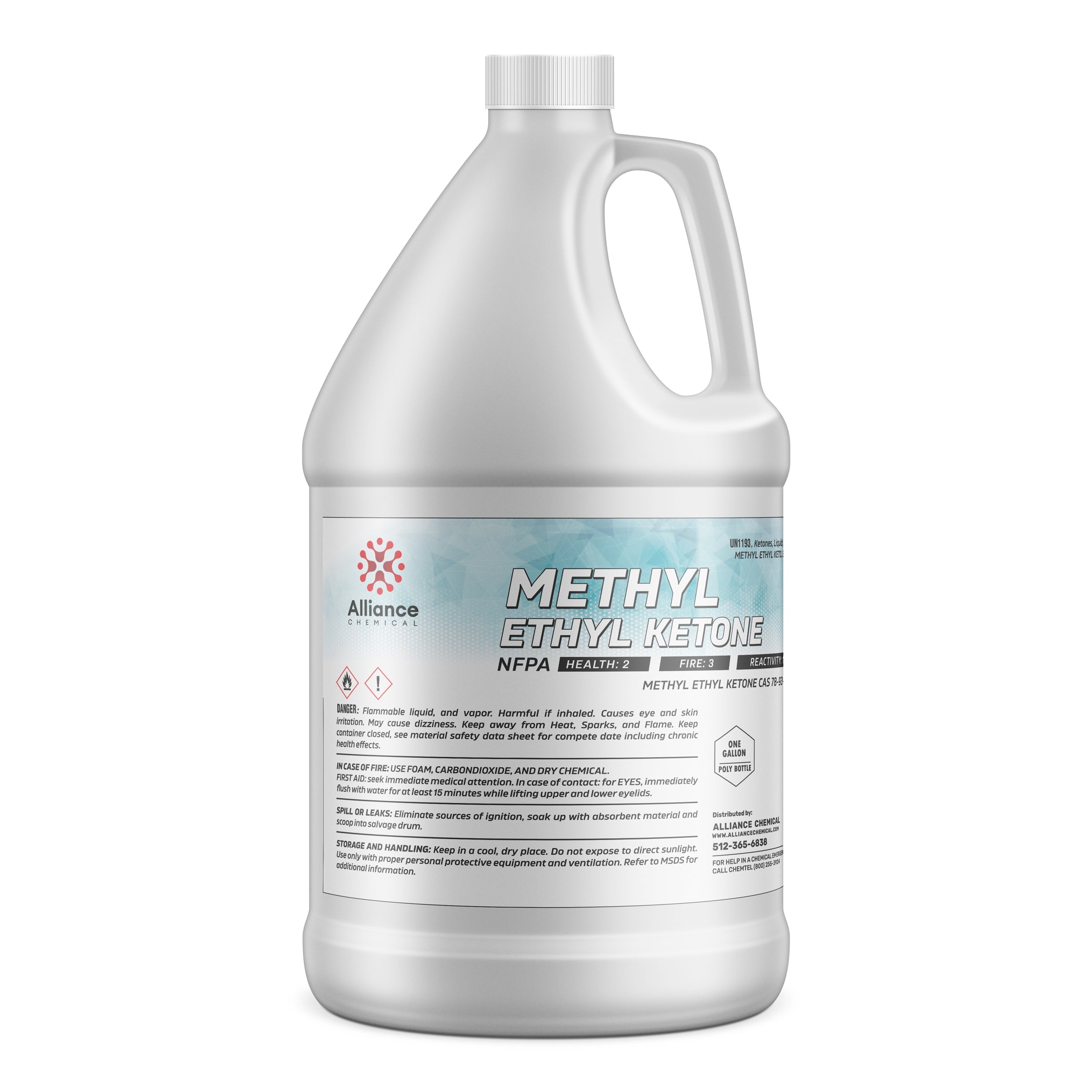 One-gallon HDPE jug of Methyl Ethyl Ketone (MEK) industrial solvent with NFPA diamond, flammability warnings, and Alliance Chemical branding.