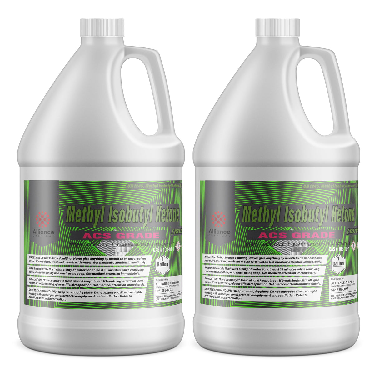 2-gallon HDPE jugs of ACS-grade Methyl Isobutyl Ketone (MIBK) with flammability warning labels, safety instructions