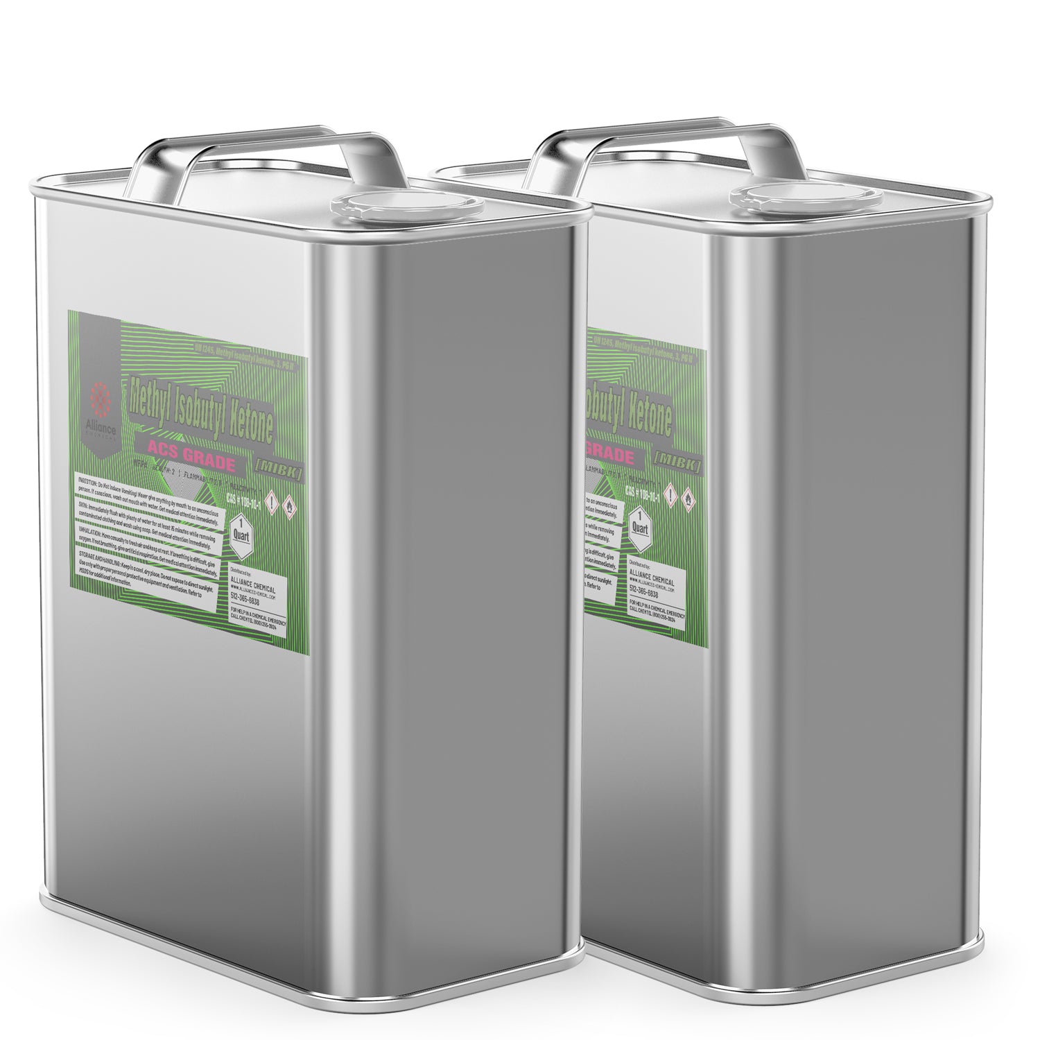 2-quart stainless steel canisters of ACS-grade Methyl Isobutyl Ketone (MIBK) with green hazard warning labels and secure cap-seal system.