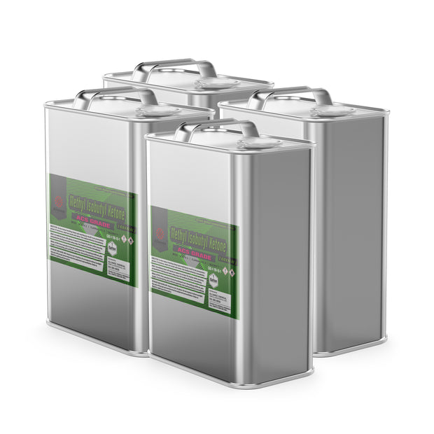 Four 1-gallon steel jugs of Alliance Chemical Methyl Isobutyl Ketone ACS Grade with metal handles and labels.