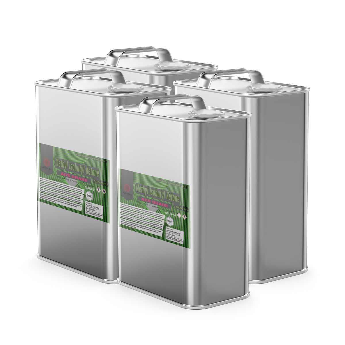 Four steel 1-quart cans of Alliance Chemical Methyl Isobutyl Ketone ACS Grade with labels and metal handles.